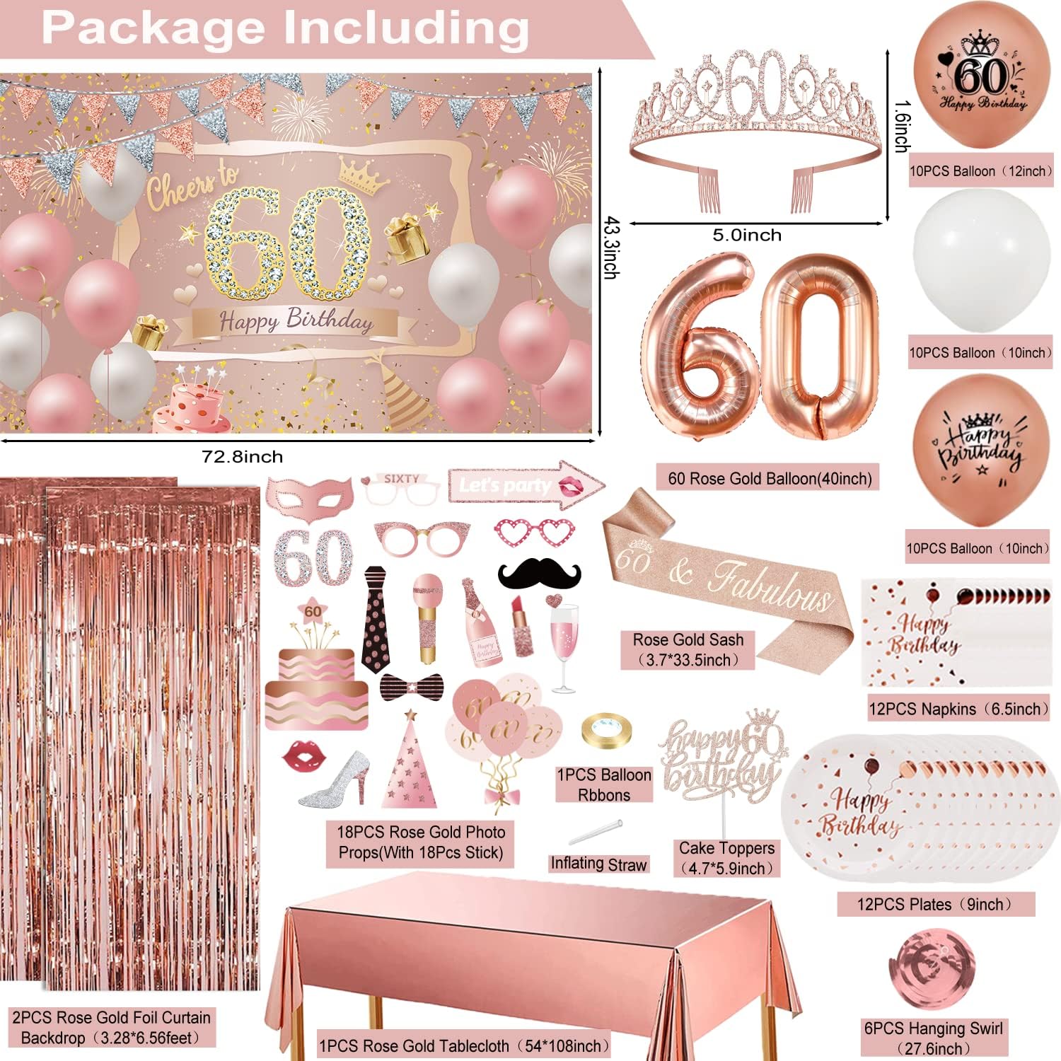 Decoraciones de 60 cumpleaños para mujer, 90 piezas de oro rosa y fabulosas decoraciones de cumpleaños 60, incluyendo telón de fondo de pancarta de