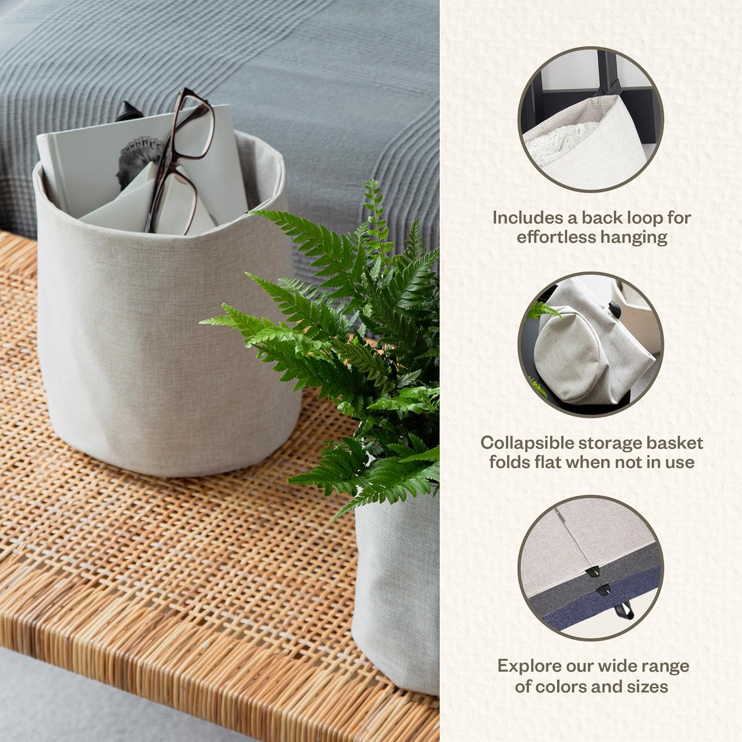 Bigso Cesta de almacenamiento colgante suave para colgar, color beige.