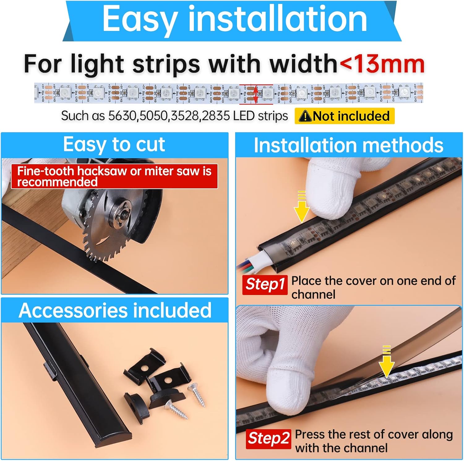 Muzata Paquete de 10 canales LED negros flexibles de 3.3 pies3.3 ft con lente de cubierta LED negra ahumada transparente, perfil de aluminio
