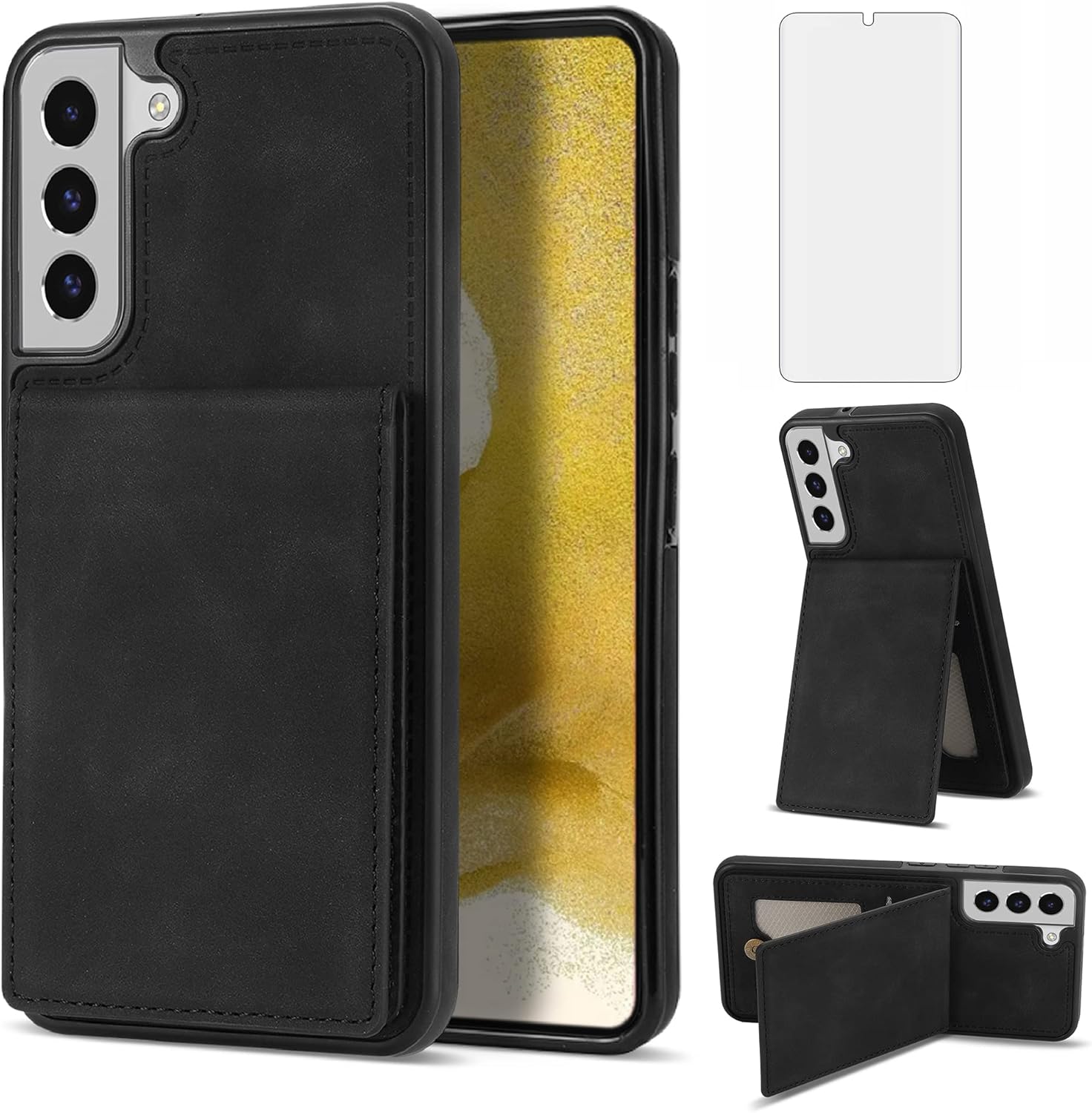 Asuwish Funda de teléfono para Samsung Galaxy S22 5G Funda tipo cartera con protector de pantalla de vidrio templado y RFID delgado soporte para