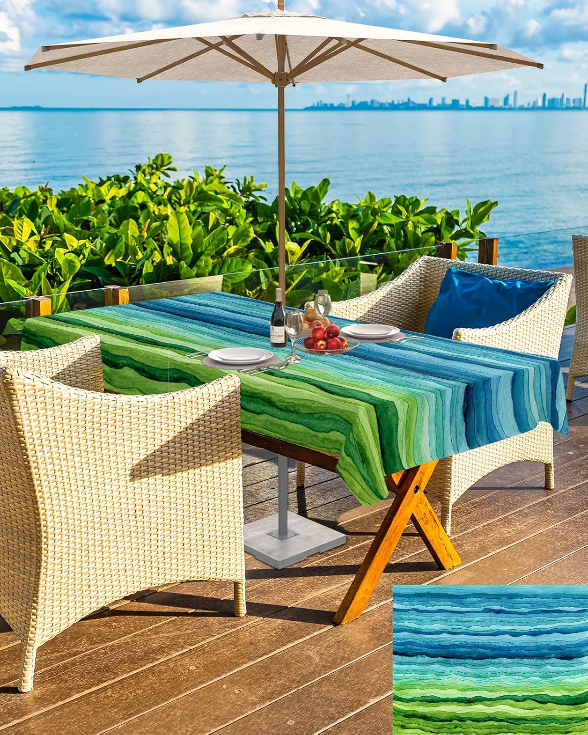 Mantel rectangular para exteriores con cremallera y agujero para paraguas, moderno, abstracto, con ola de mar, lavable, para patio, jardín, picnic,