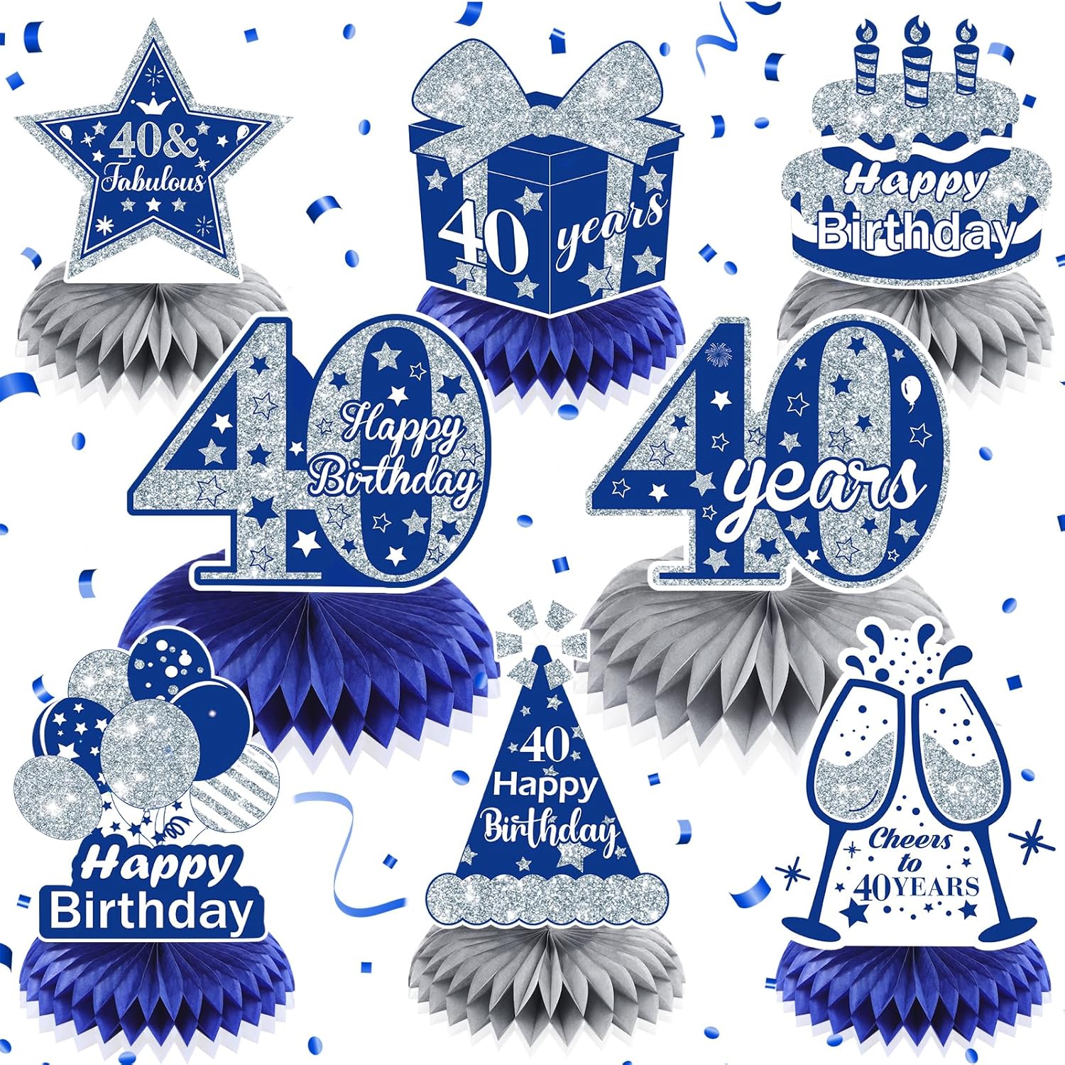 8 piezas de decoración azul para cumpleaños 40, color azul marino y plateado, centros de mesa de nido de abeja para decoración de mesa, decoración
