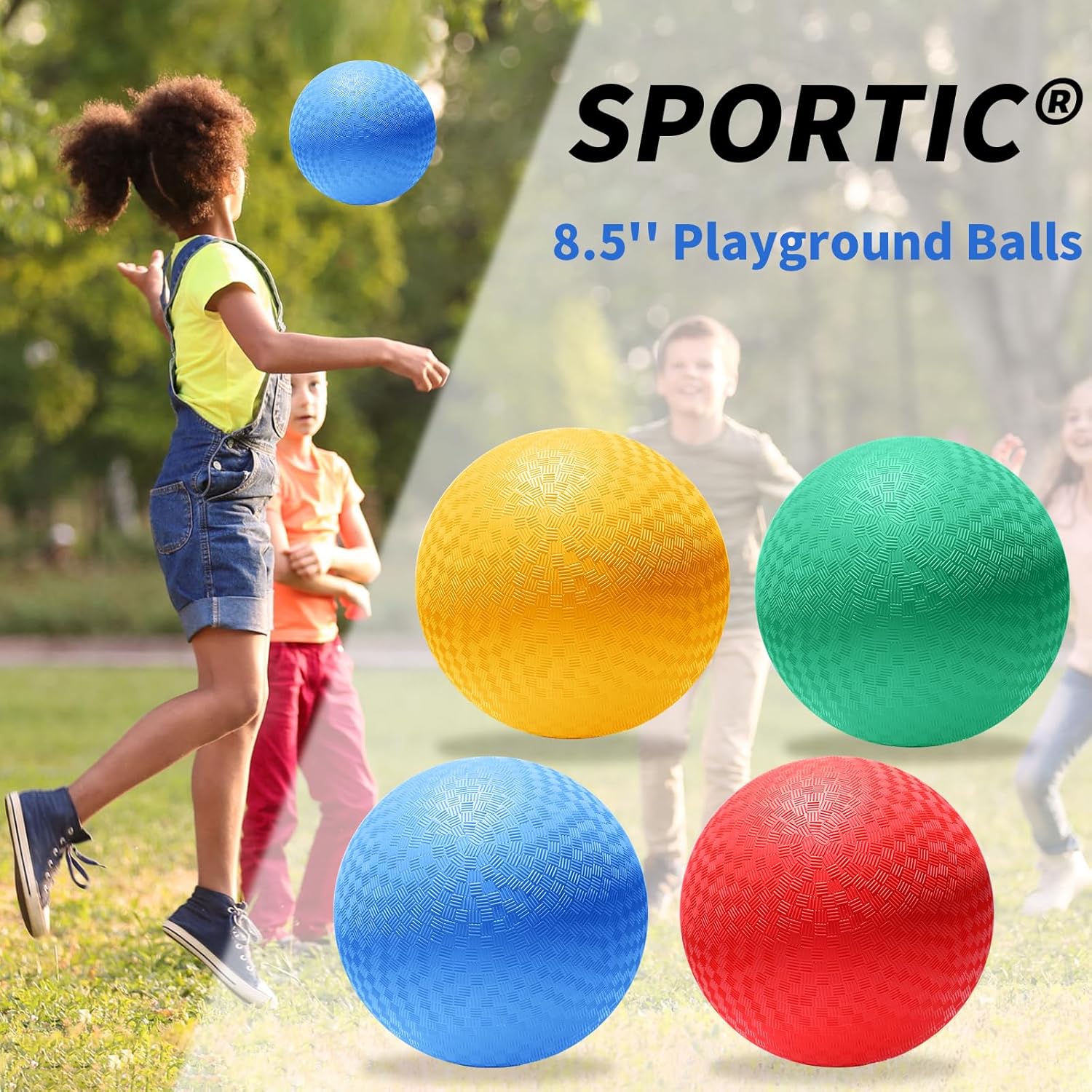 SPORTIC Pelota de juego de 8.5 pulgadas, paquete de 4 pelotas de patio de recreo con bomba de aire, pelotas de Dodge para niños y adultos, divertido