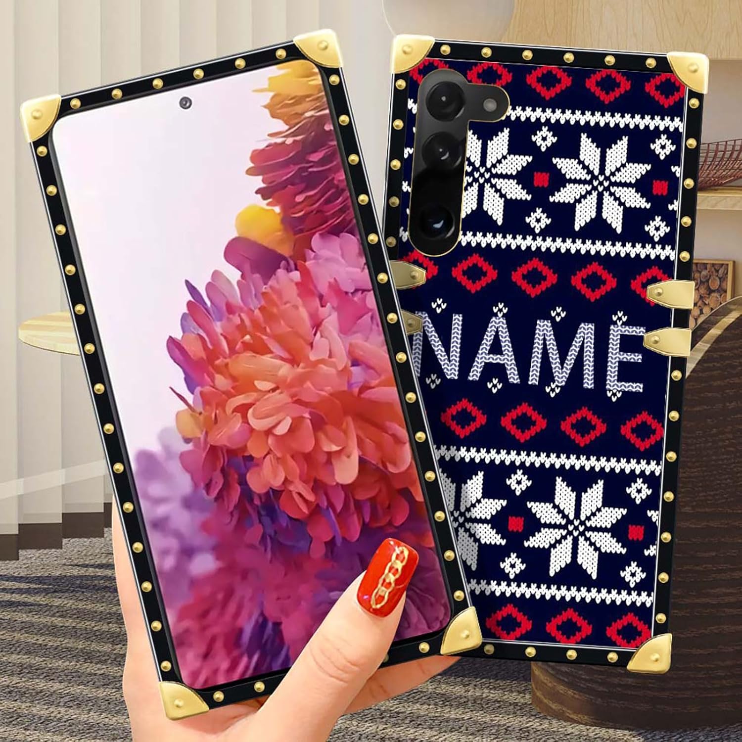 DAIZAG Funda de teléfono azul con diseño de copos de nieve de Navidad, diseño cuadrado dorado para funda de regalo, compatible con Samsung Galaxy