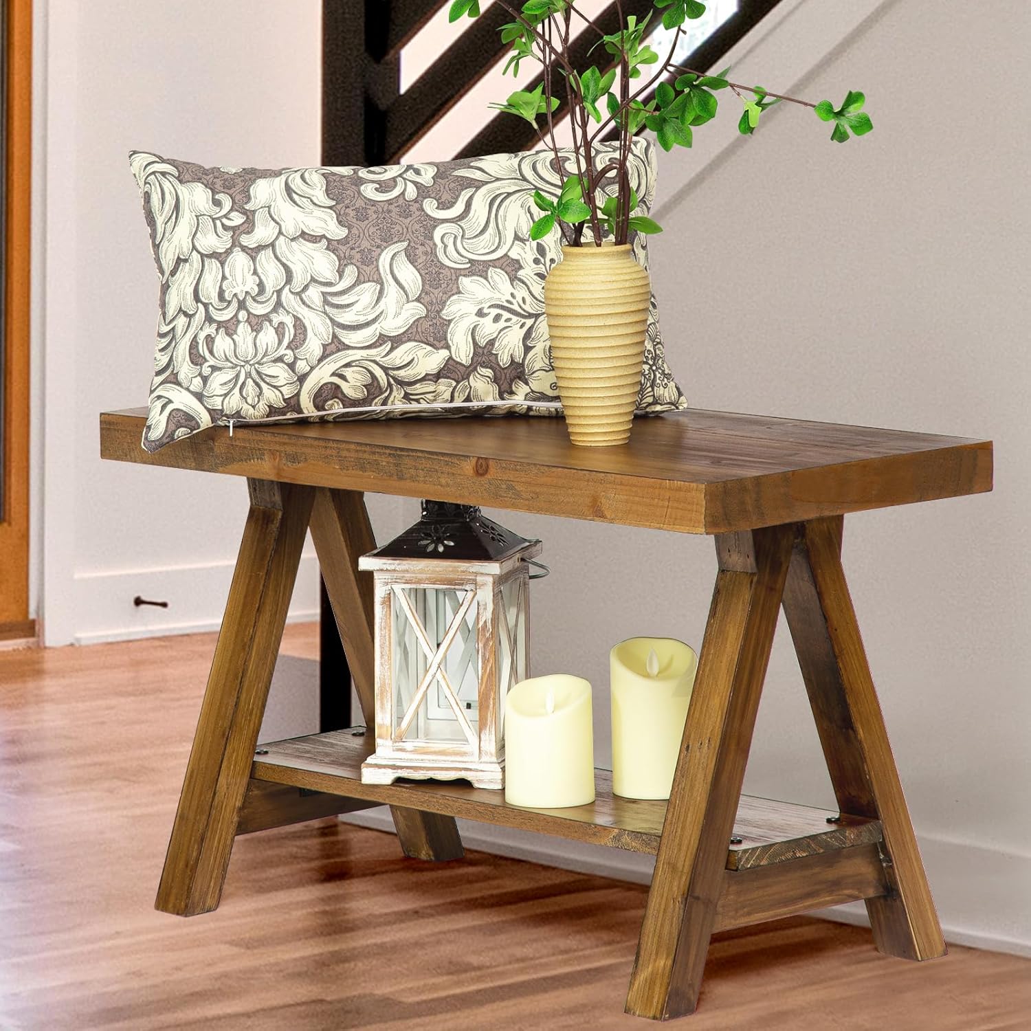 Wnutrees Banco de madera de granja, banco de almacenamiento rústico para interiores, entrada, sala de estar, comedor, construcción de madera maciza,