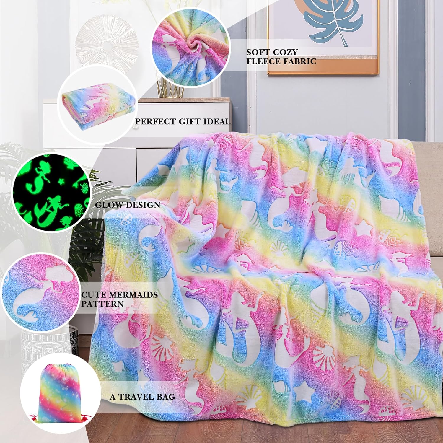 Manta que brilla en la oscuridad, manta suave y acogedora de sirena para niñas, regalo ideal para niños, 50 x 60 pulgadas, colorida