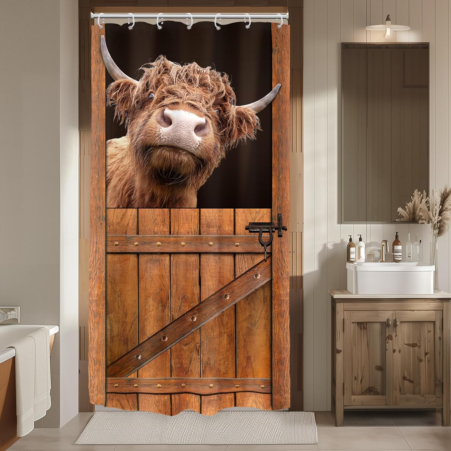 Riyidecor Stall – Cortina de ducha divertida de vaca de las tierras altas, 36 pulgadas de ancho x 72 pulgadas de alto, pequeñas cortinas rústicas