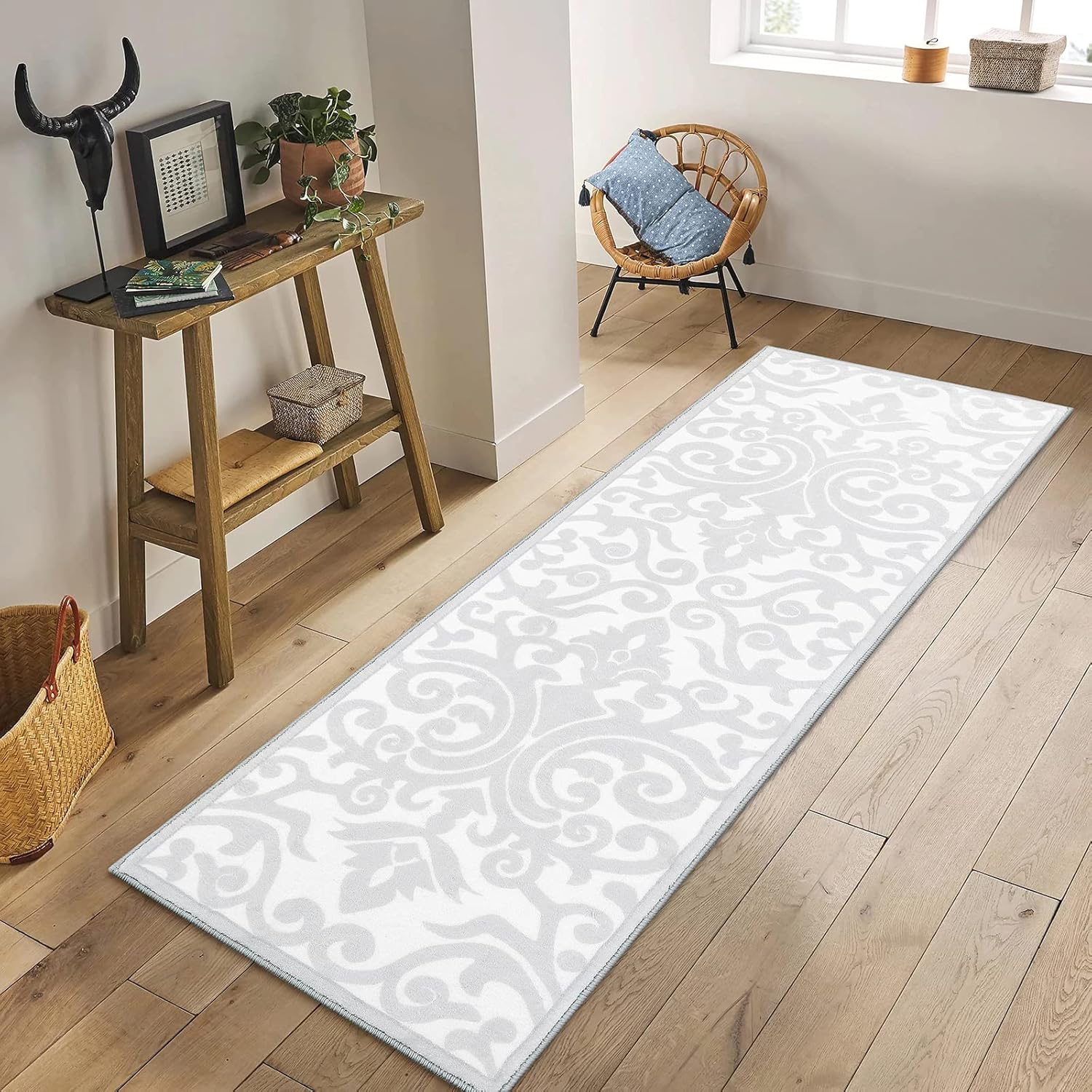 Uphome Alfombra de pasillo gris claro, vintage, floral, extra larga, antideslizante, lavable a máquina, alfombra de baño de terciopelo suave, de