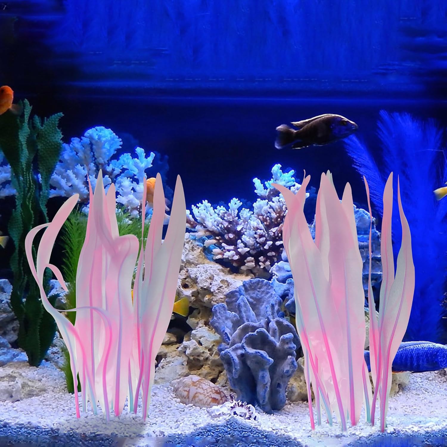 Kaiyuan Dynasty 2 piezas de plantas de plástico para decoración de acuario, pecera, plantas artificiales que brillan en acuario, algas acuáticas de