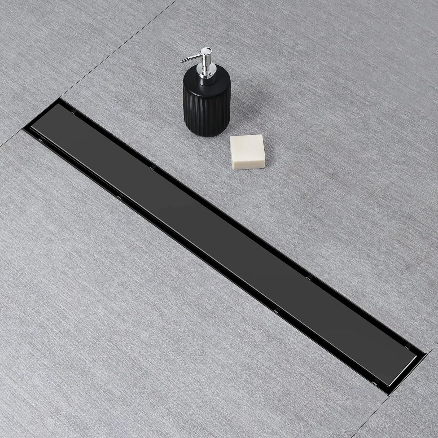 SaniteModar Desagüe de ducha lineal, drenaje de ducha negro de 36 pulgadas con inserto plano y de azulejos 2 en 1, panel 2 en 1, acero inoxidable