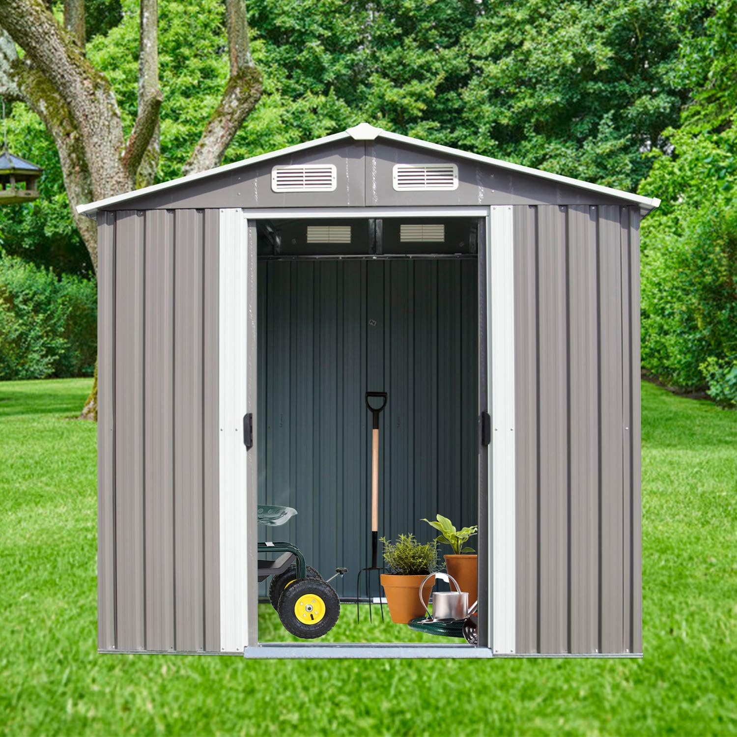 Kinsuite Cobertizo de almacenamiento para exteriores de 6 x 4 pies, cobertizo de herramientas de acero galvanizado para patio, jardín, césped, casa