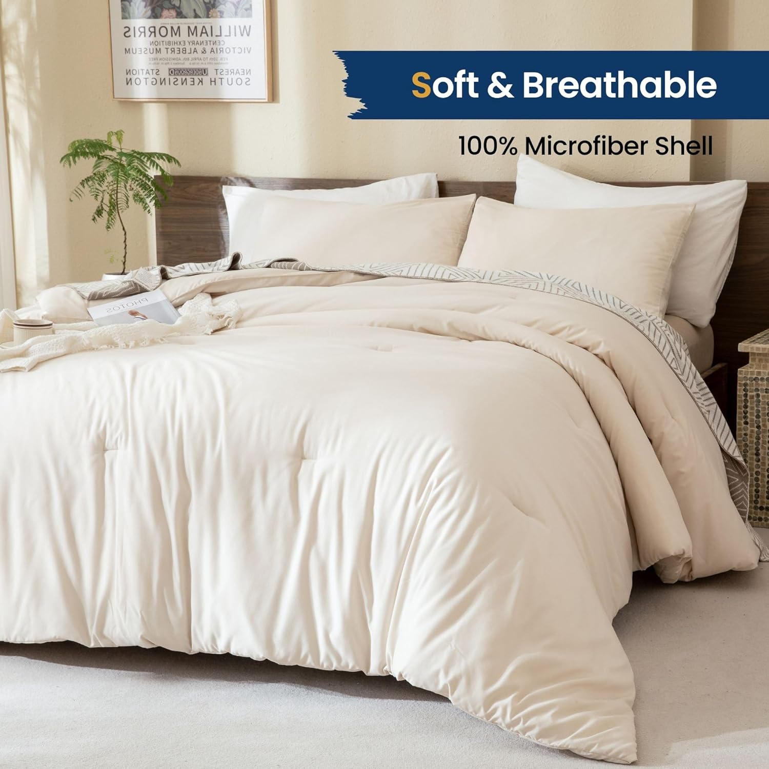 Paxrac Juego de edredón beige tamaño matrimonial, juego de edredón color crema de 3 piezas, juego de ropa de cama ligero neutro sólido, juego de