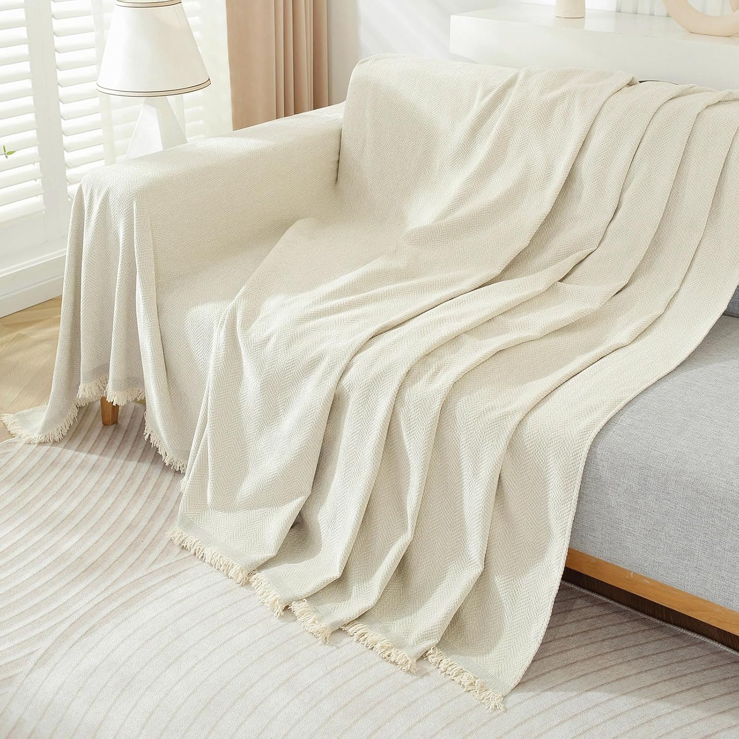 EAVD Fundas de sofá beige para sofá seccional en forma de L, fundas de sofá de felpilla gruesa para sofá de 2 cojines, funda de sofá bohemia con