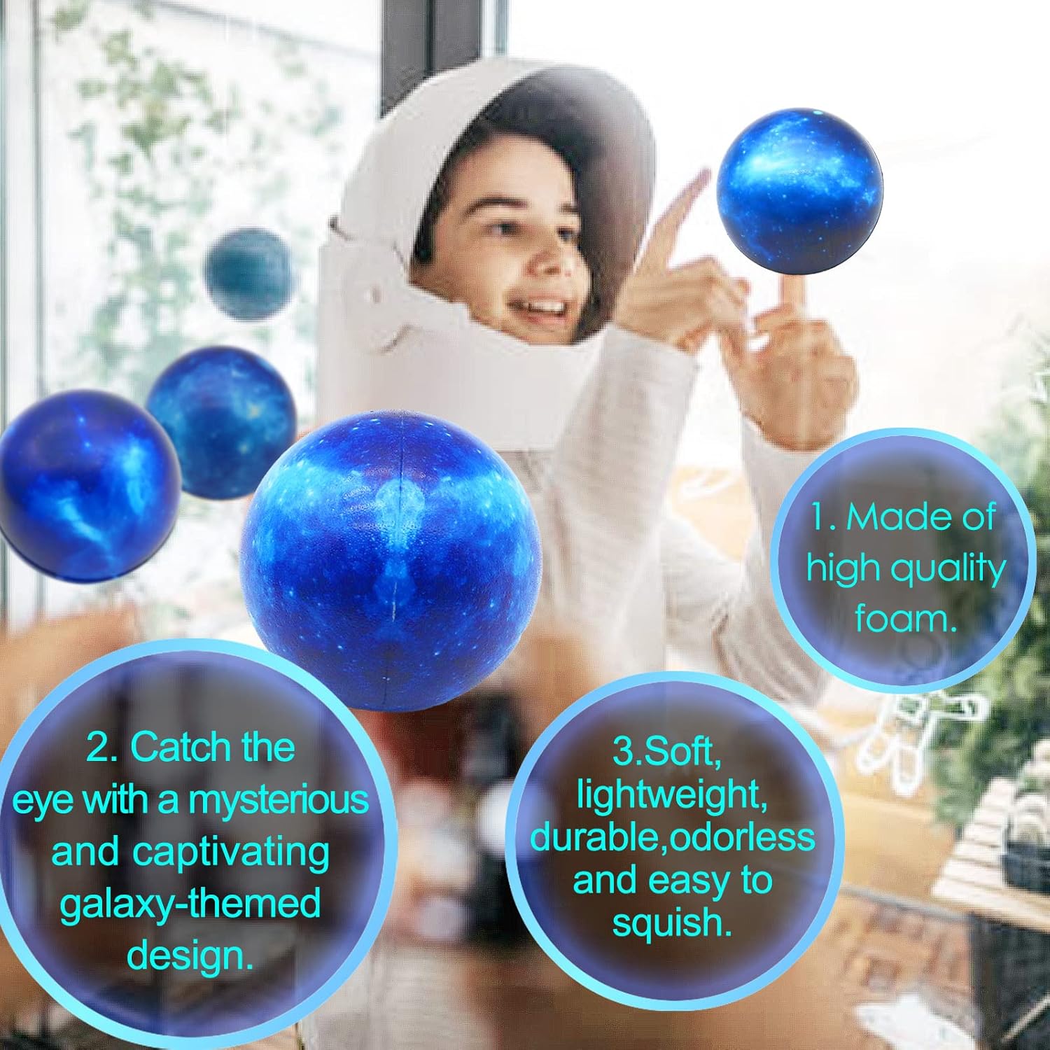 Paquete de 60 bolas de estrés de galaxia a granel para niños y adultos de 2.5 pulgadas, bolas sensoriales para aliviar el espacio exterior, bolas