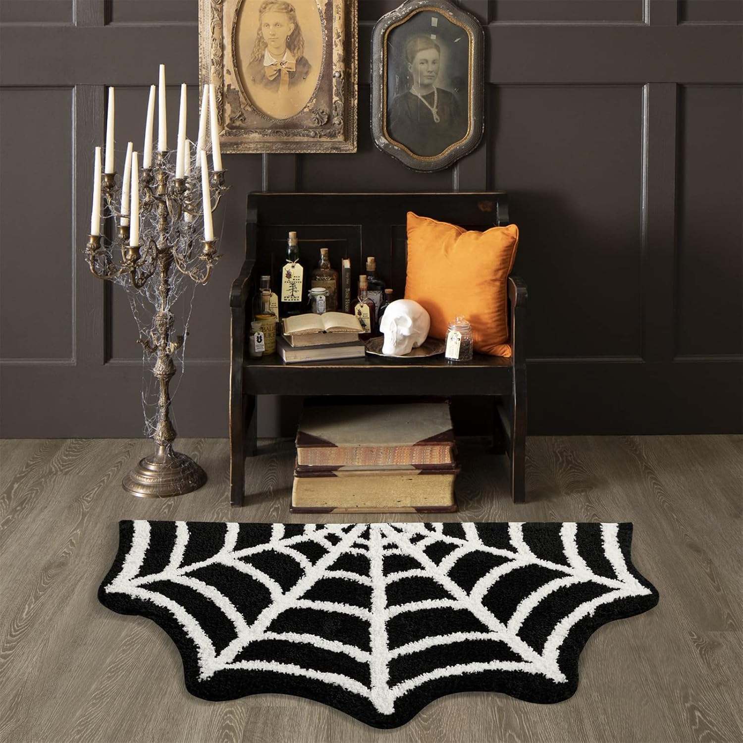 Estmy Alfombra gótica de tela de araña para interiores de Halloween, 2 x 3 pies, de felpa, gótica, bonita, divertida, de Halloween, tapete de baño,