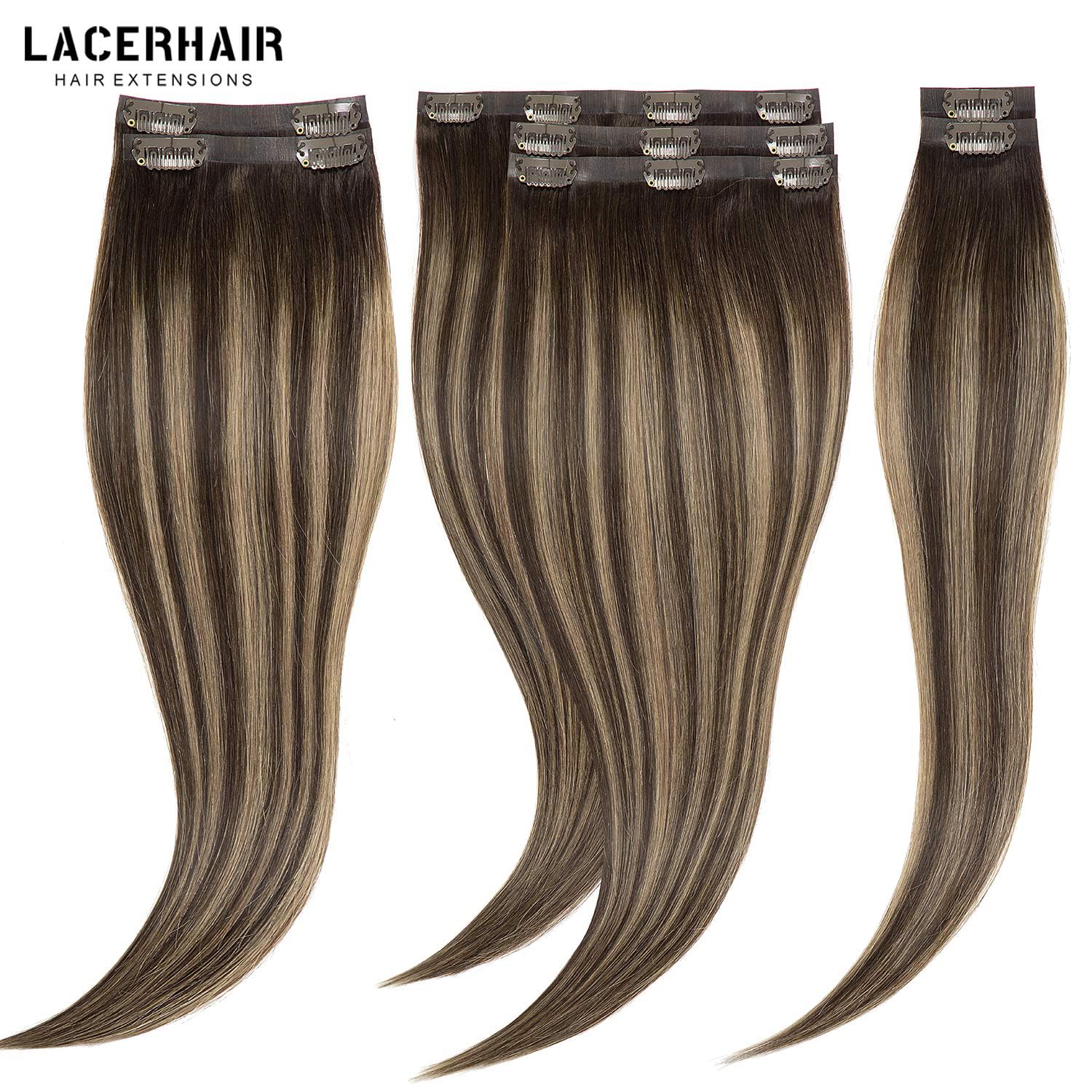 Lacer Extensiones de cabello humano con clip, sin costuras, con raíces de castaño castaño mezclado con marrón oscuro con raíces marrón oscuro,