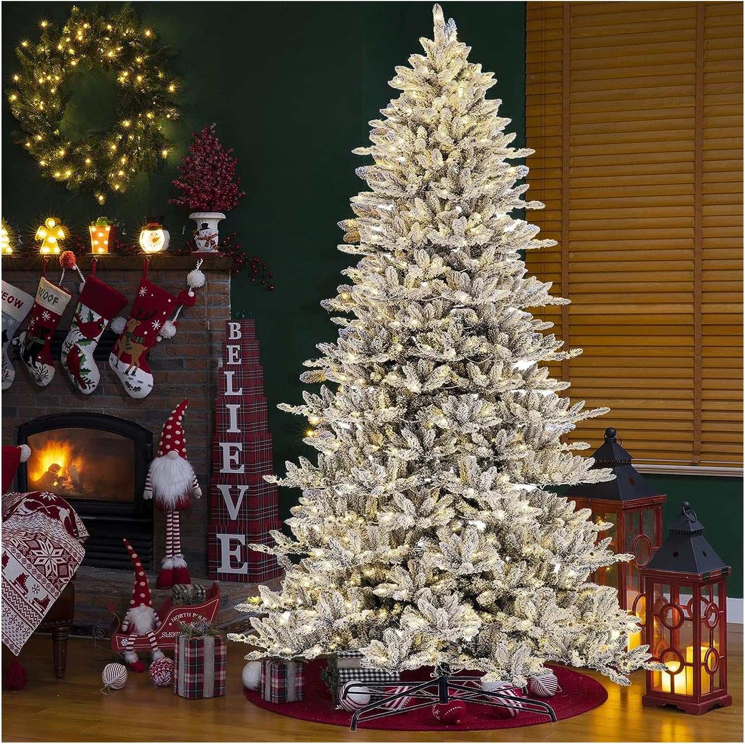 Glitzhome Árbol de Navidad de abeto artificial preiluminado de 11 pies con 950 luces, árbol de Navidad grande con luces blancas cálidas para
