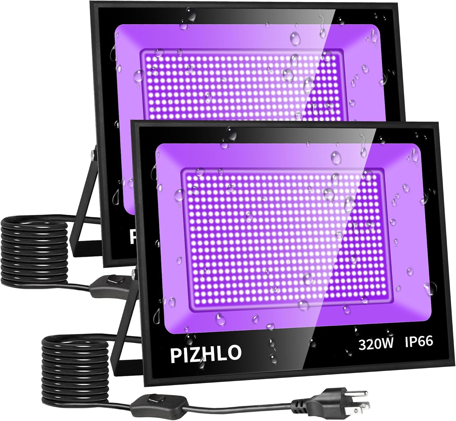 Paquete de 2 luces LED negras de 320 W, luz de inundación de luz negra con enchufe e interruptor, IP66 impermeable para exteriores, luz negra para
