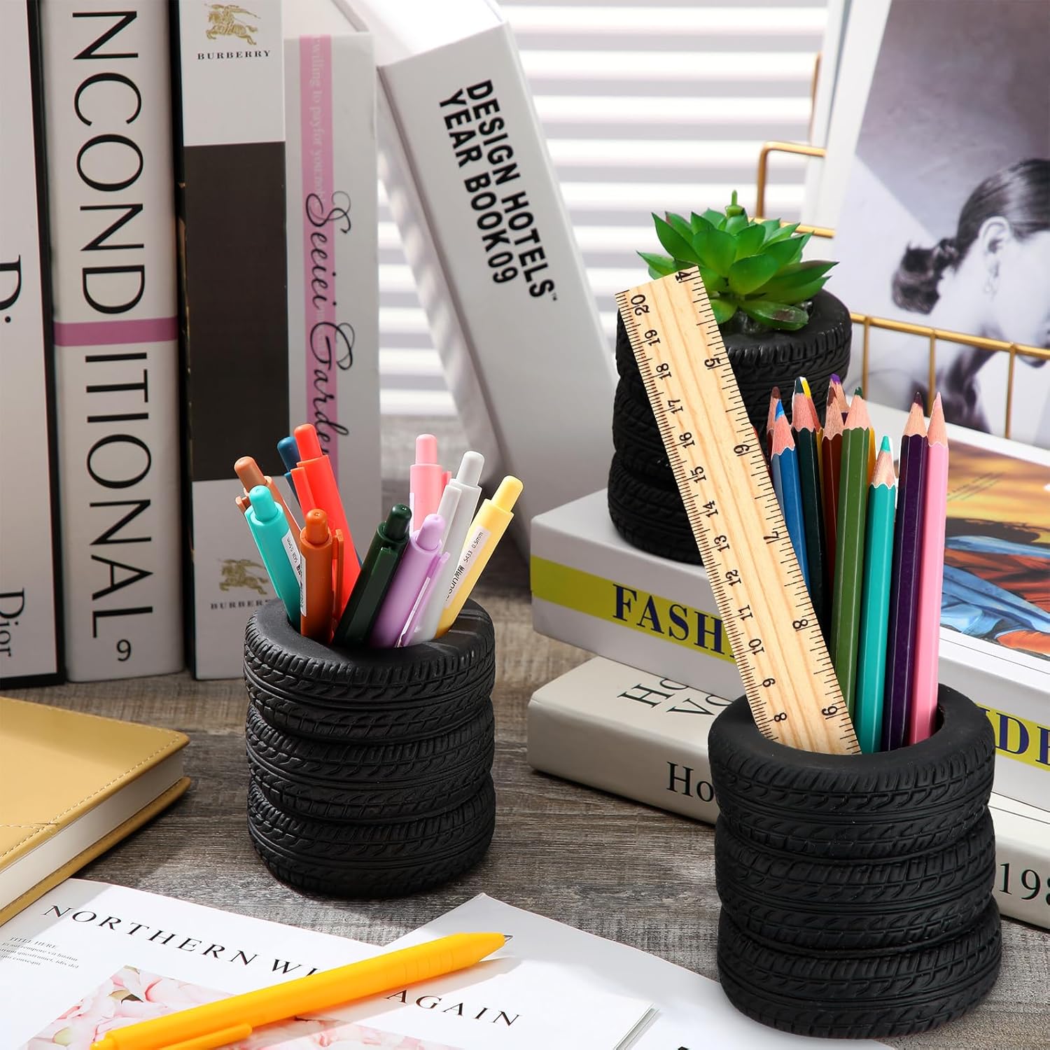12 soportes para bolígrafos en forma de neumático, soporte para lápices de neumáticos de automóvil, accesorios de papelería para escritorio, niños,