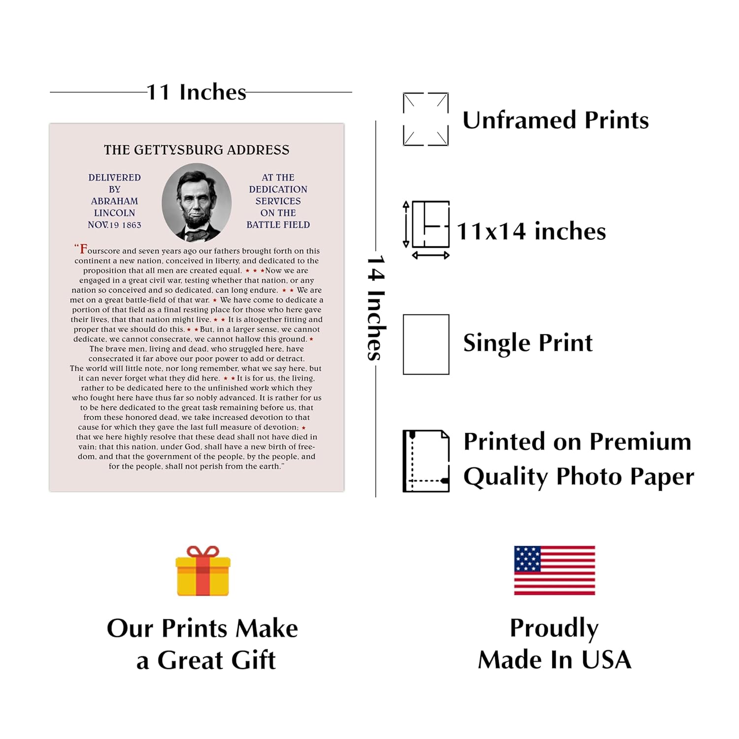 Abraham Lincoln-“The Gettysburg Address US Historical Wall Art Poster, This American Civil War Patriotic Wall Art Print Is Ideal Wall Decor For