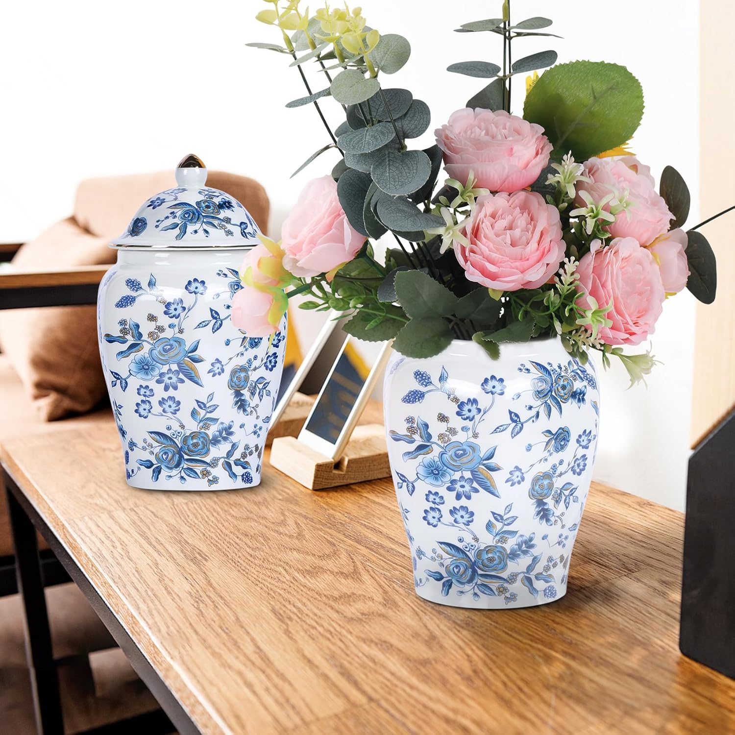 XINGYAN Chinoiserie – Juego de 2 tarros de jengibre, porcelana china azul y blanca, tarro de almacenamiento decorativo para el hogar con tapa (juego