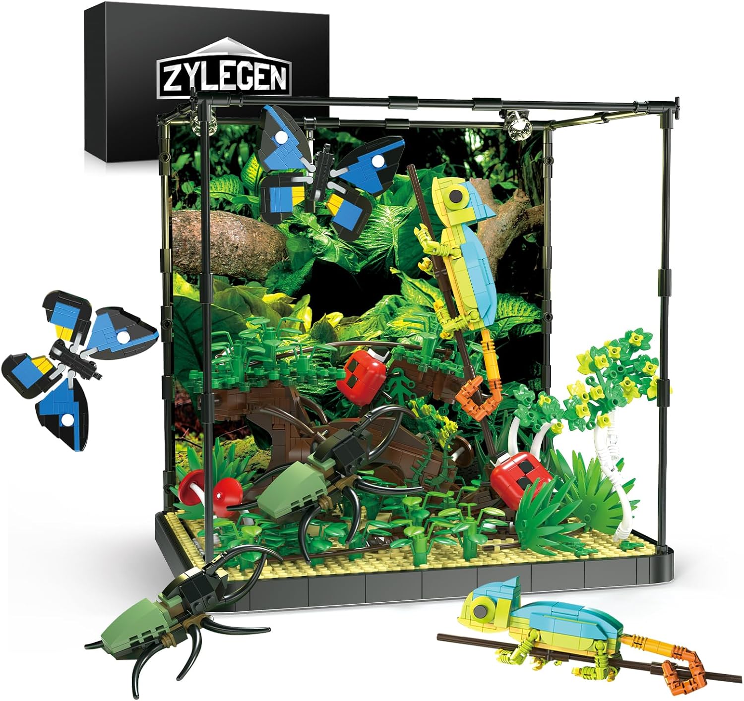 ZYLEGEN Rainforest Jungle – Bloque de construcción de tanque de insectos con lagarto, mariposa, mariquita, plantas de jardín forestal, ladrillos,