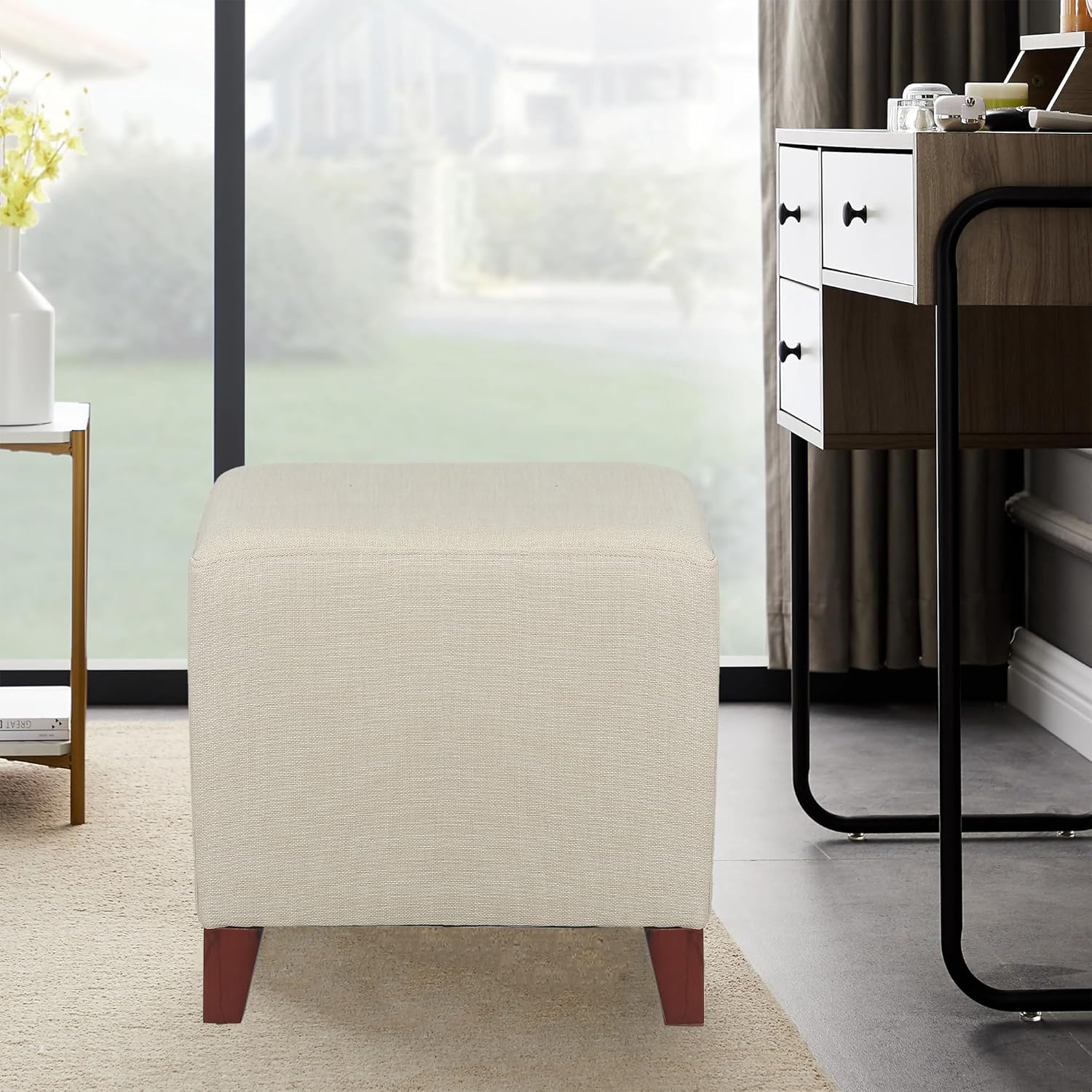 Adeco Reposapiés otomano cuadrado de lino de 16.5 pulgadas, reposapiés cuadrado, reposapiés, asiento cuadrado acolchado con patas de madera para