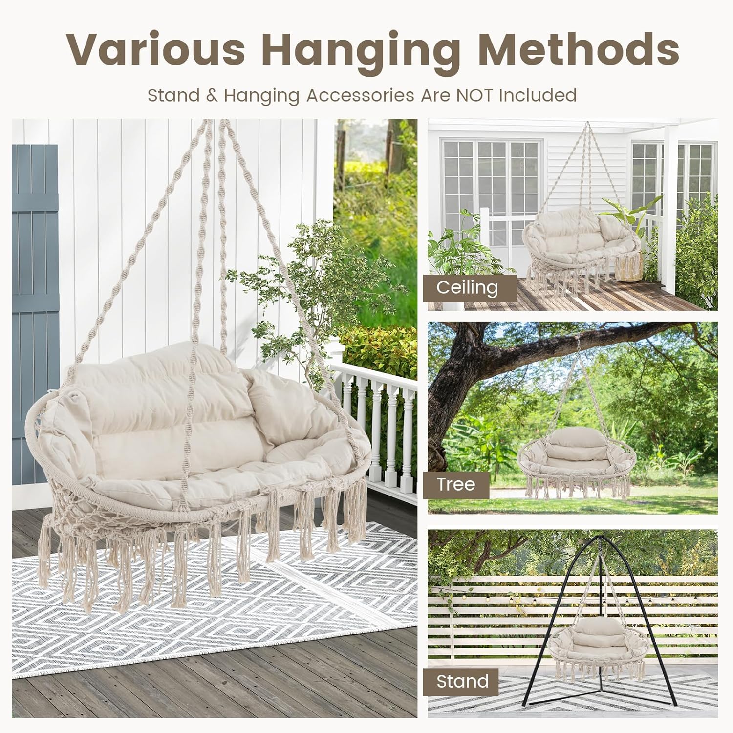 Giantex Hammock Chair, Macrame Hanging Chair with Removable Cushion, Romantic Tassels, Outdoor Indoor Rope Chair for Relax in Bedroom, Porch,