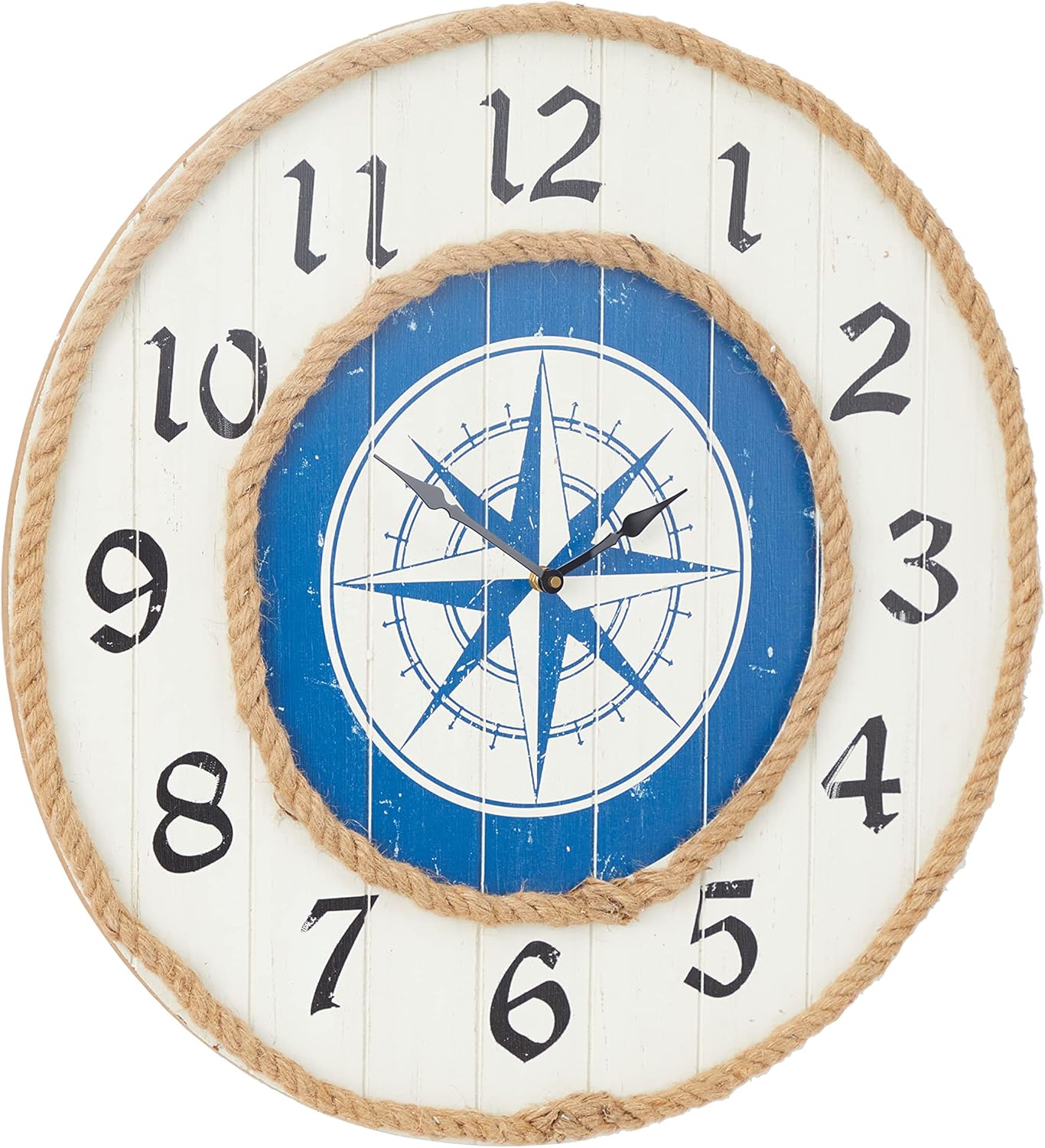 Deco 79 Reloj de pared con brújula de madera con detalles de cuerda, 24 x 2 x 24 pulgadas, azul