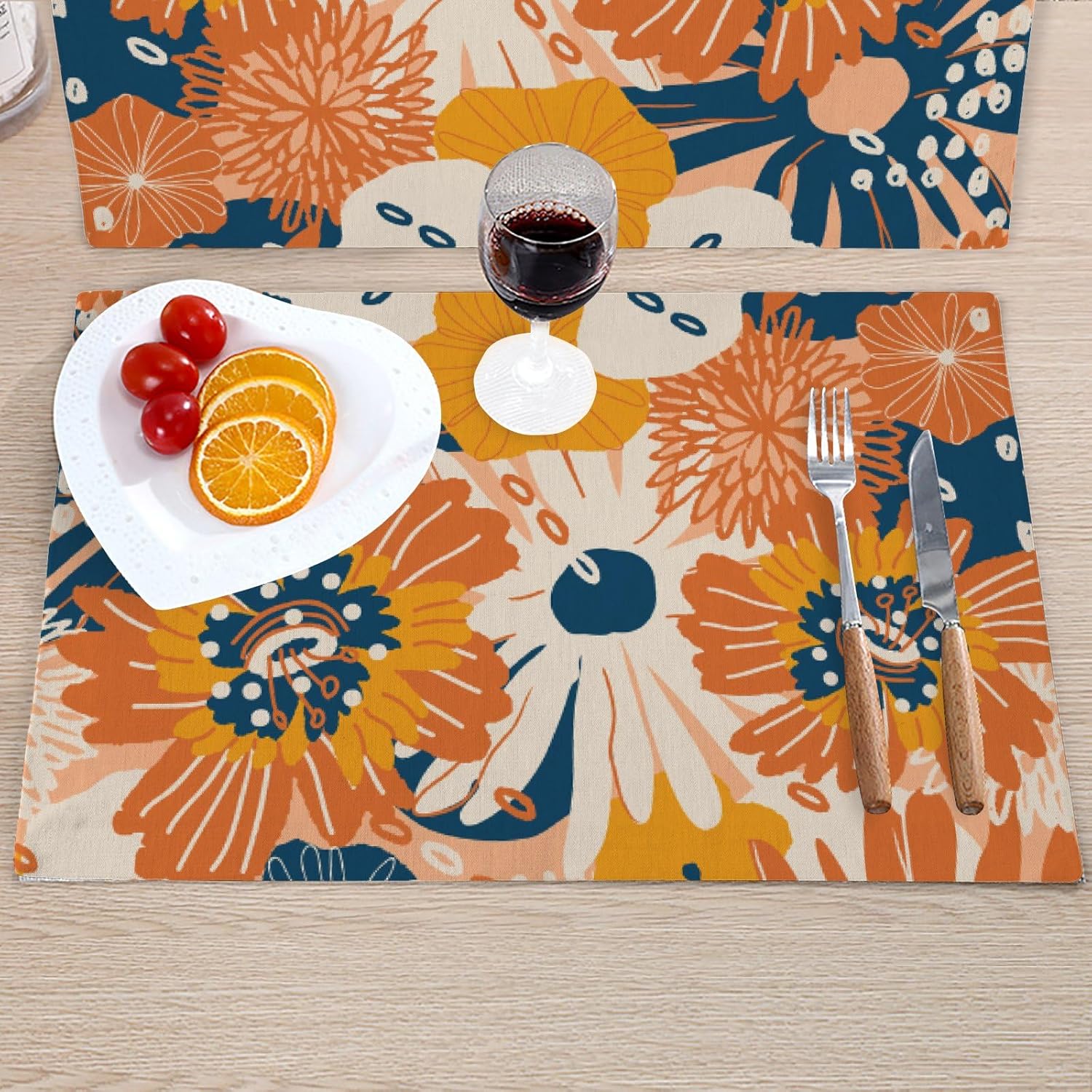 Manteles individuales para mesa de cocina, hojas de otoño, flores, blanco y naranja, juego de manteles individuales lavables, resistentes al calor,