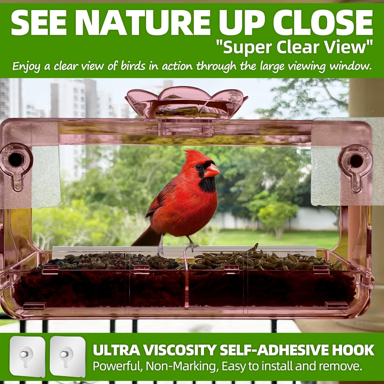 Comedero para pájaros con ventana con ganchos autoadhesivos que no dejan marcas, comedero de pájaros de ventana transparente para exteriores, casa