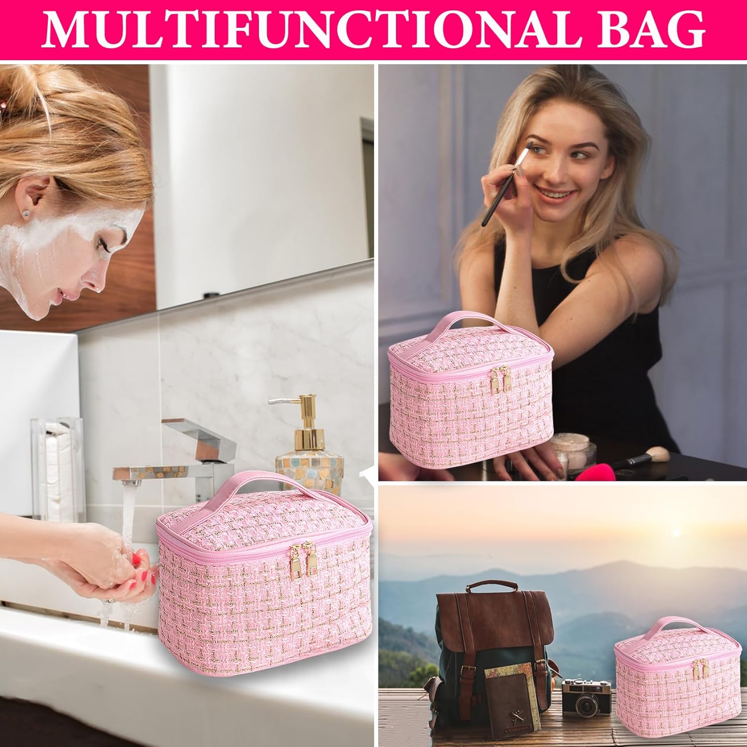 Bolsa de maquillaje a cuadros Bolsa de cosméticos, Rosado