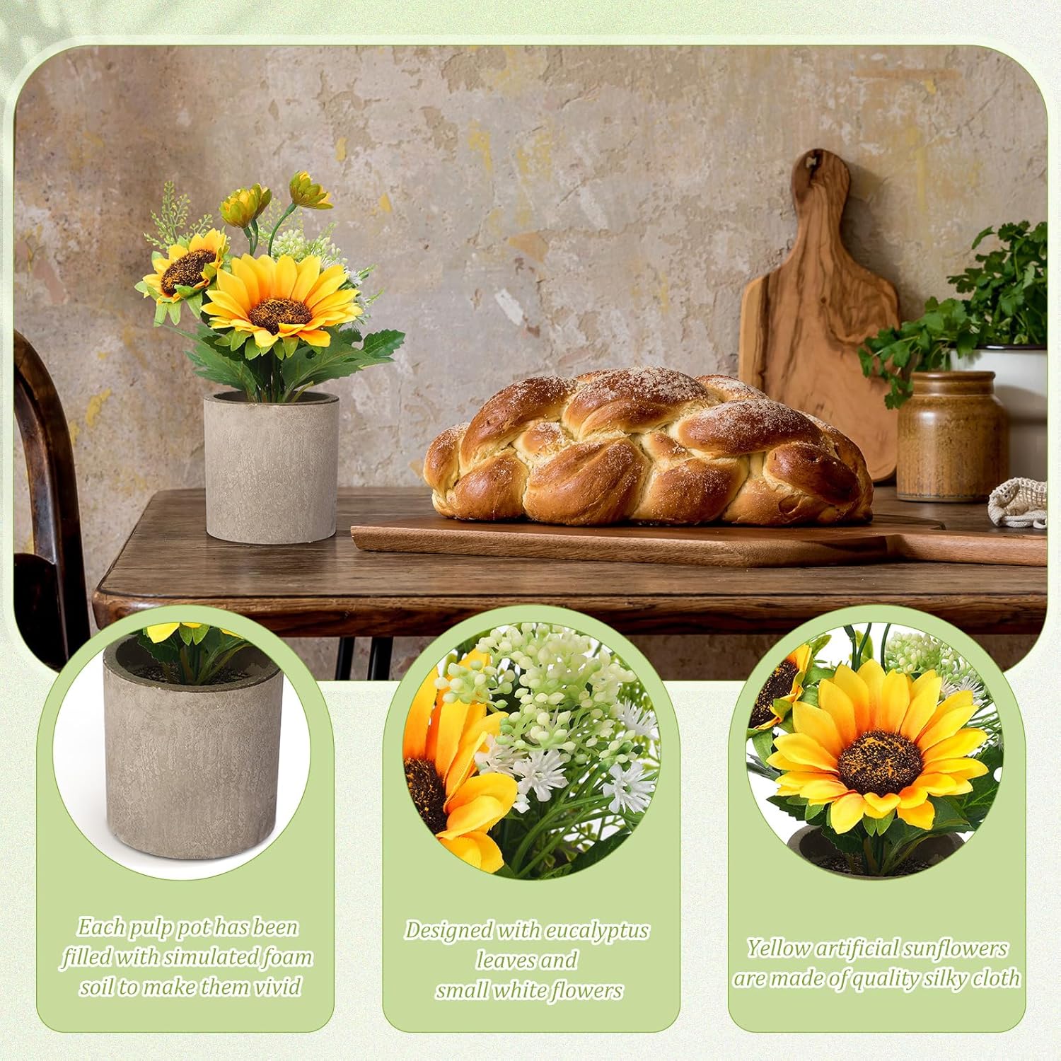 16 girasoles artificiales amarillos falsos en macetas, girasoles, flores artificiales, centros de mesa para mesas, girasoles, plantas en maceta para
