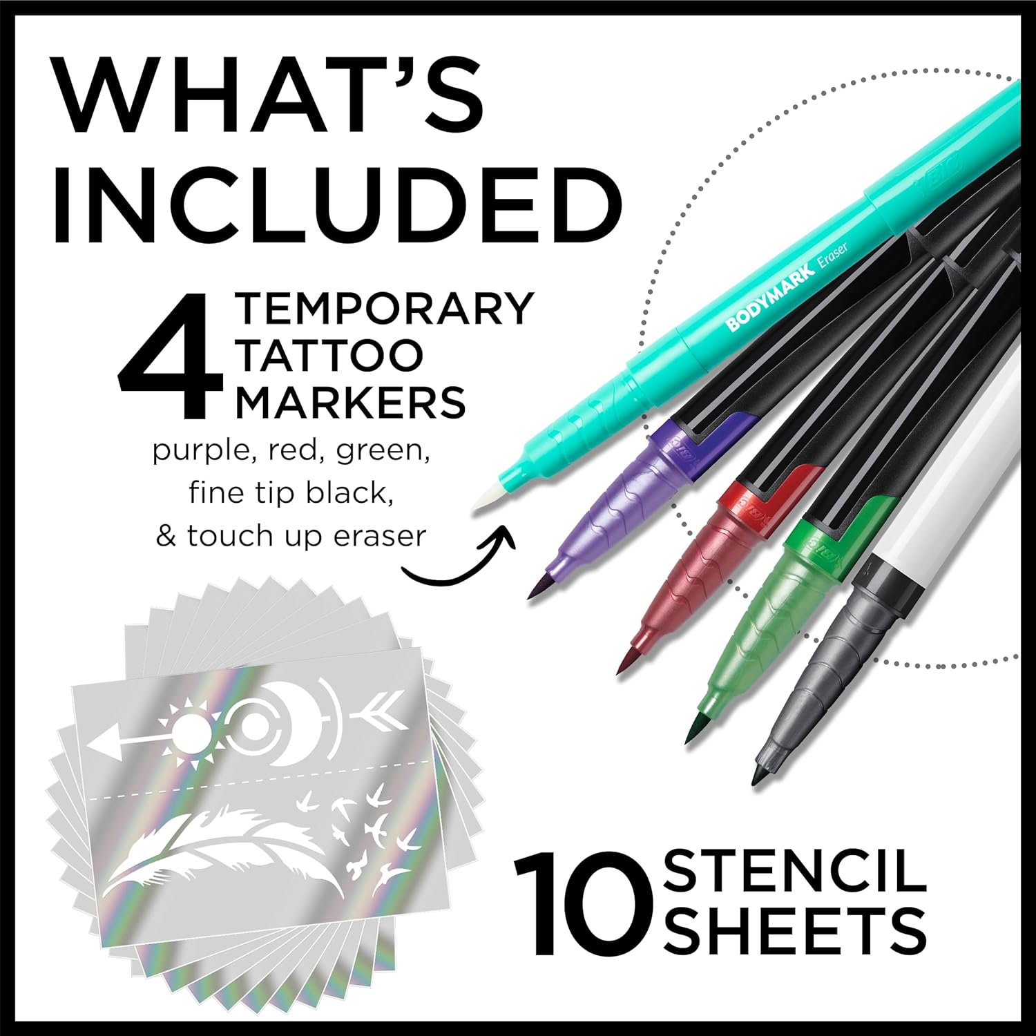 BodyMark Set de regalo marcadores temporales de tatuaje para piel, puntas finas y flexibles de pincel, paquete de 5 unidades contiene cuatro