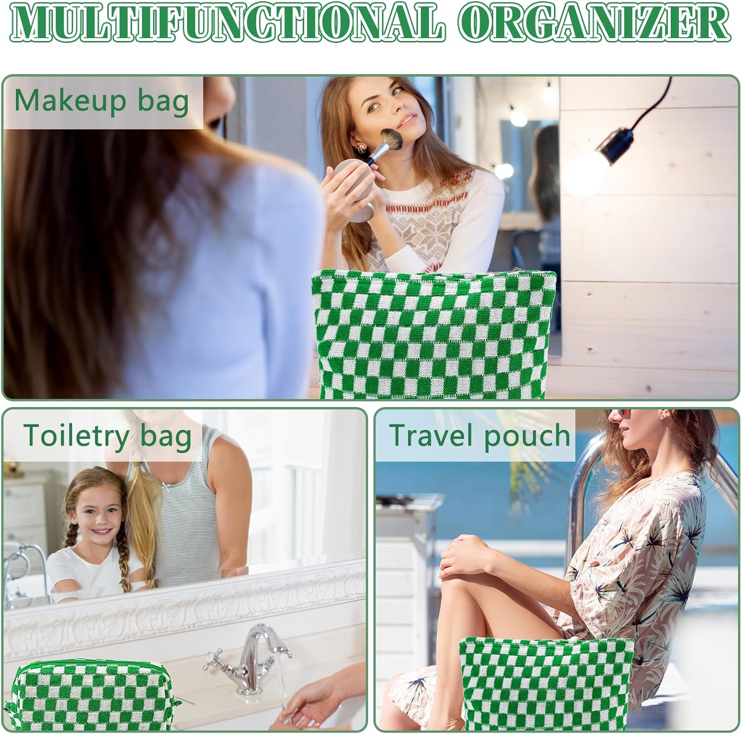 Bolsa de maquillaje a cuadros para mujer, bolsa de cosméticos rosa de gran capacidad, bolsa de maquillaje de viaje, bolsa de maquillaje para bolso,
