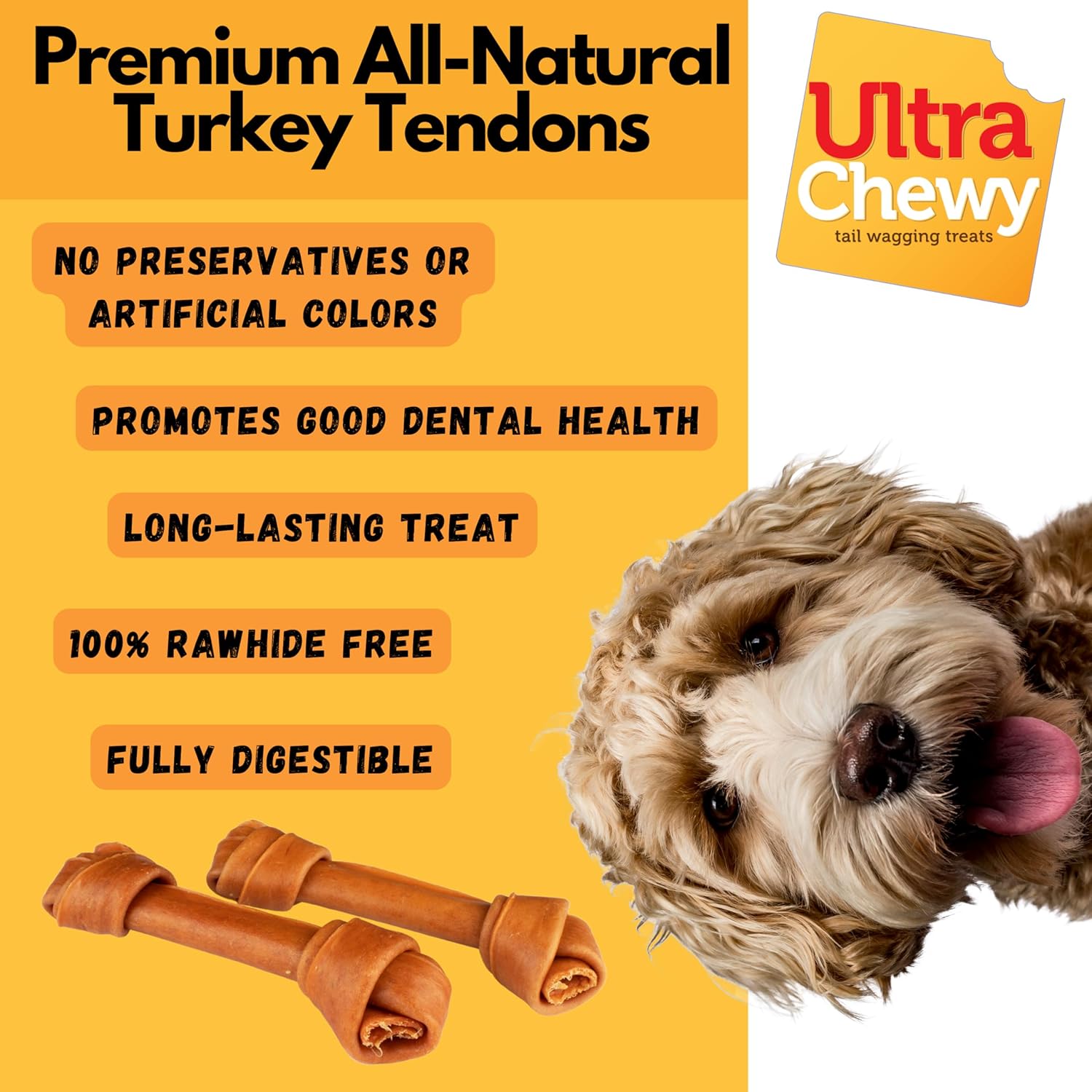 Ultra Chewy Huesos anudados con tendón de pavo para perros, de alta calidad, totalmente natural, hipoalergénico, de larga duración, fácil de