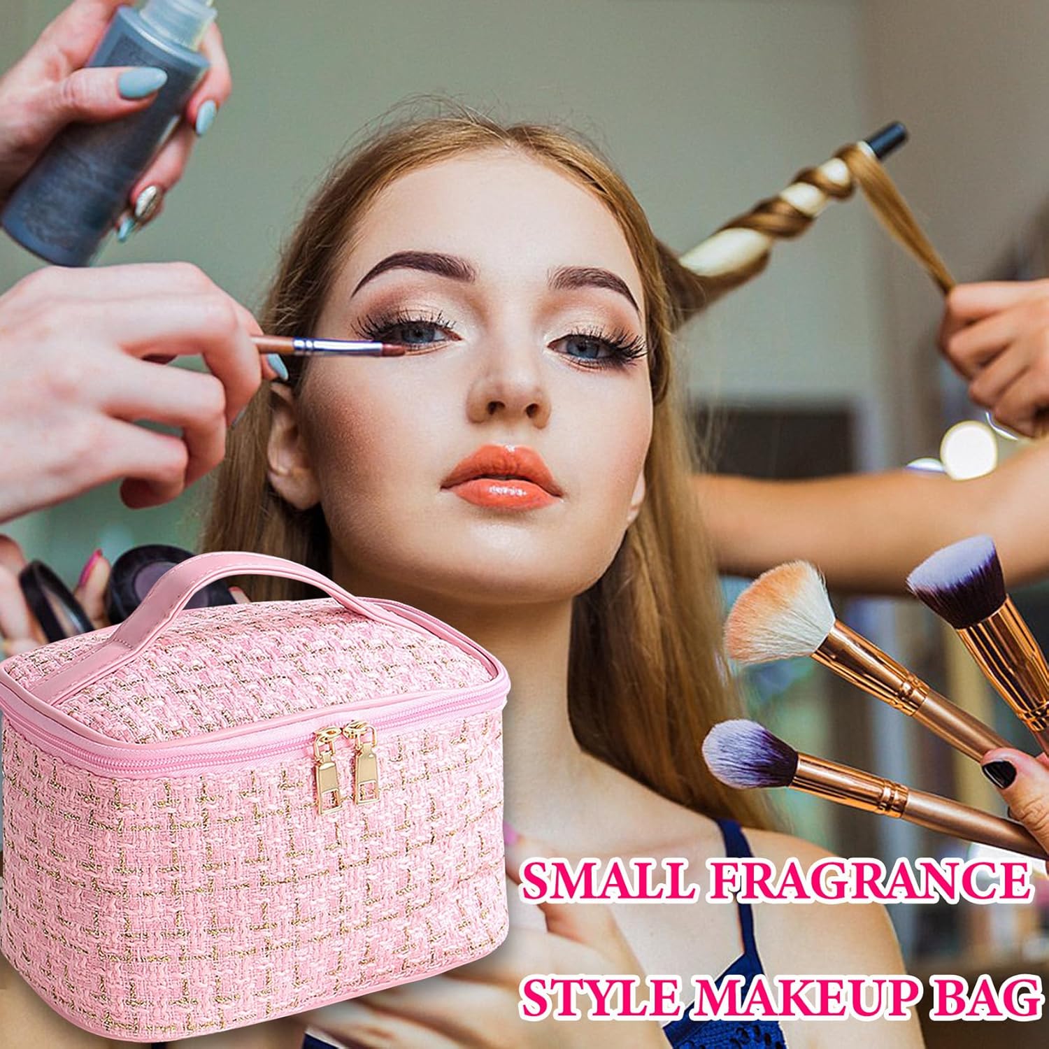 Bolsa de maquillaje a cuadros Bolsa de cosméticos, Rosado