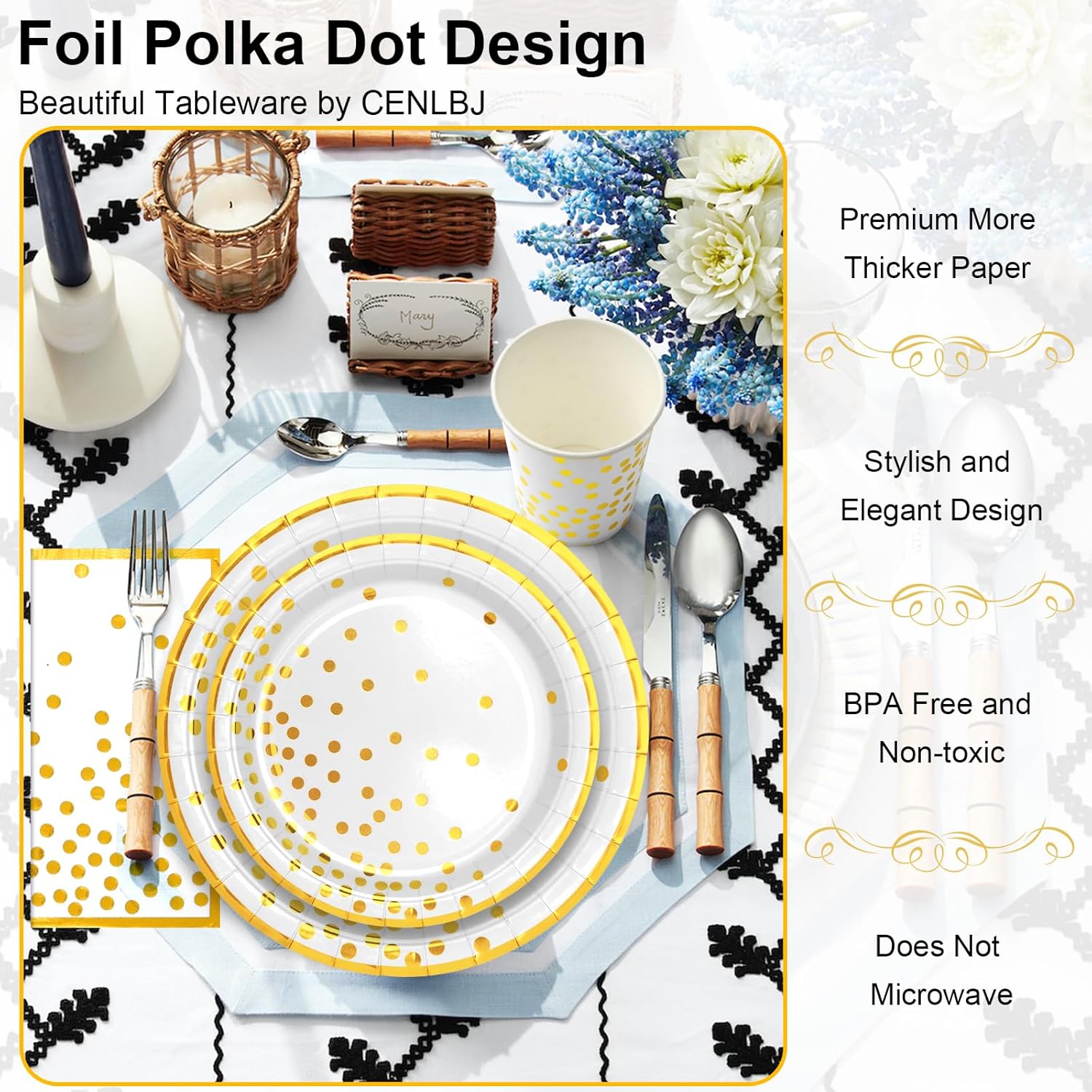 Suministros de fiesta de papel blanco y dorado, 200 platos de papel blanco, servilletas y tazas, platos de papel de aluminio con borde dorado de