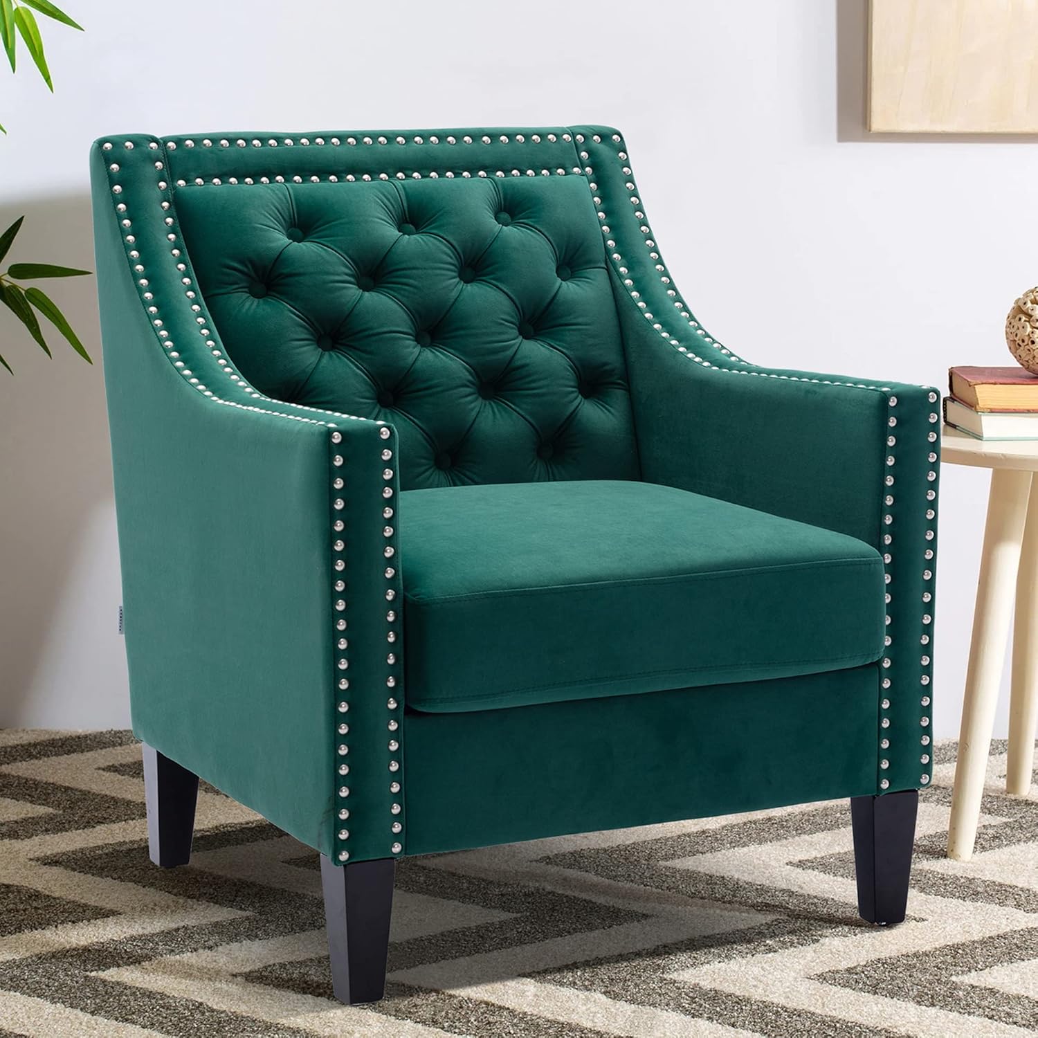 Accent Chairs – Silla decorativa de terciopelo moderna de mediados de siglo con cabezas de clavos, silla de sala de estar con patas de madera