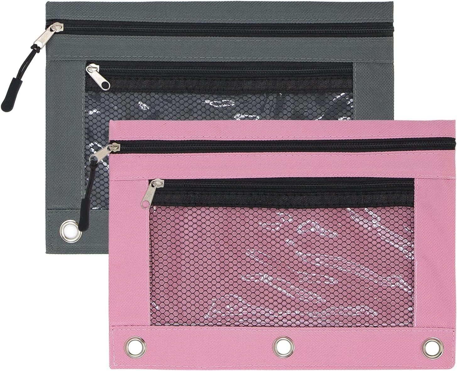 KBD Estuche para lápices de 3 anillos, con cremallera y tiradores de cremallera, bolsa para lápices de doble bolsillo, 3 anillos con ventana