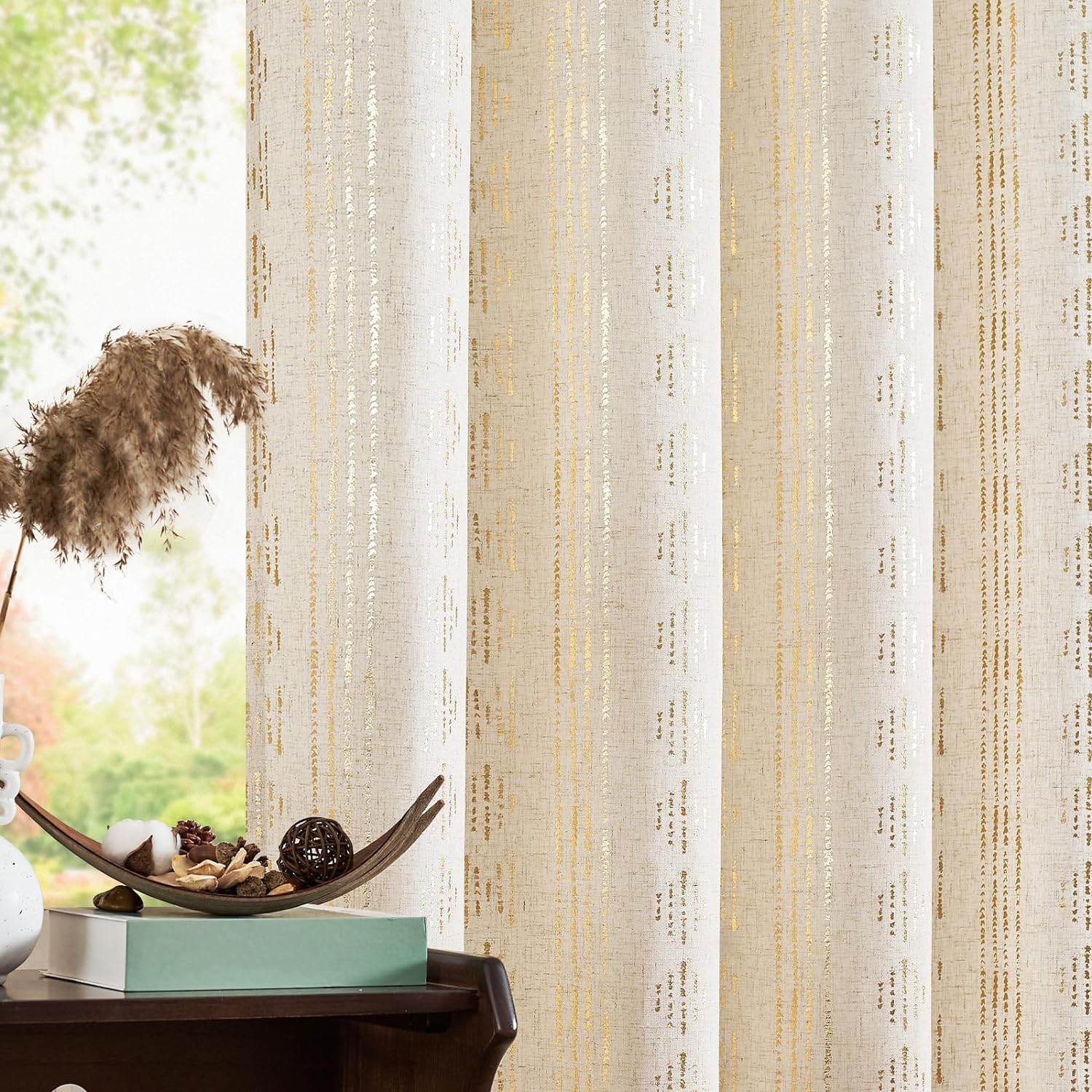 jinchan Cortinas bohemias de lino para sala de estar, cortinas con estampado de lámina dorada, 63 pulgadas de largo, 2 paneles de cortinas