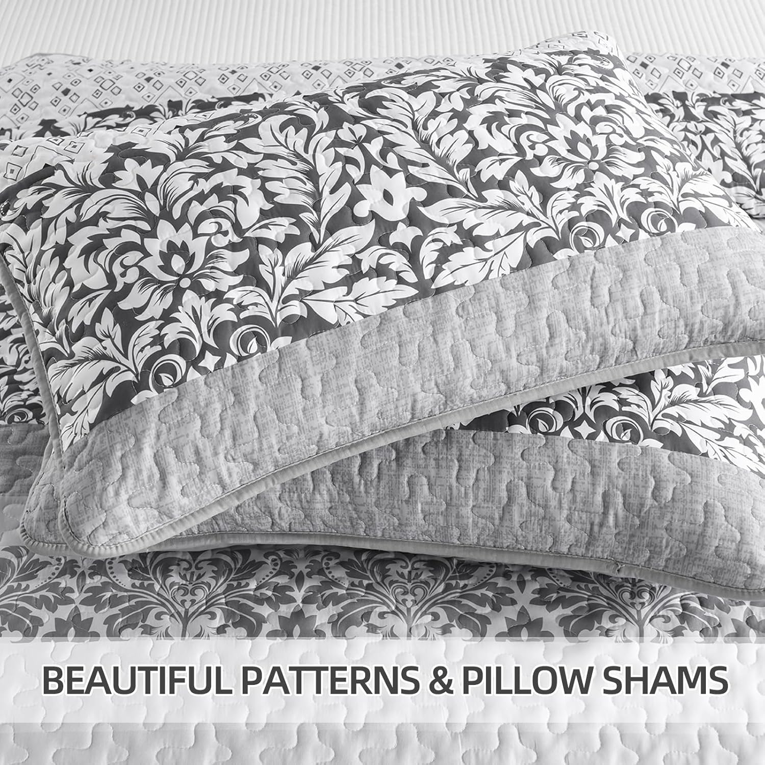 Juego de edredón bohemio gris tamaño Queen, juego de colcha de retazos a rayas gris oscuro de 3 piezas, juego de ropa de cama de microfibra suave