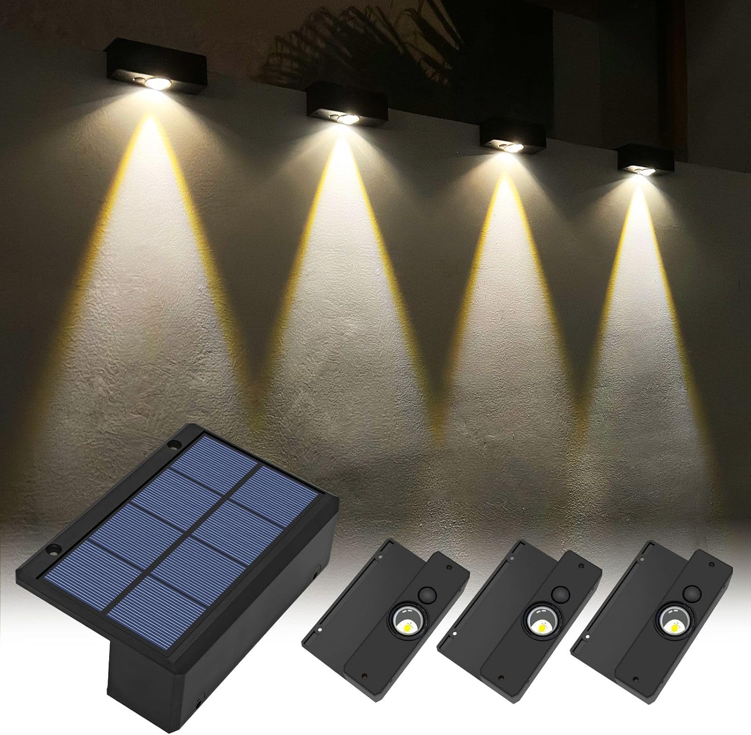 Luces solares para valla al aire libre, impermeables, LED blanco cálido y RGB conmutables, luces solares para terraza, luces de cerca del atardecer
