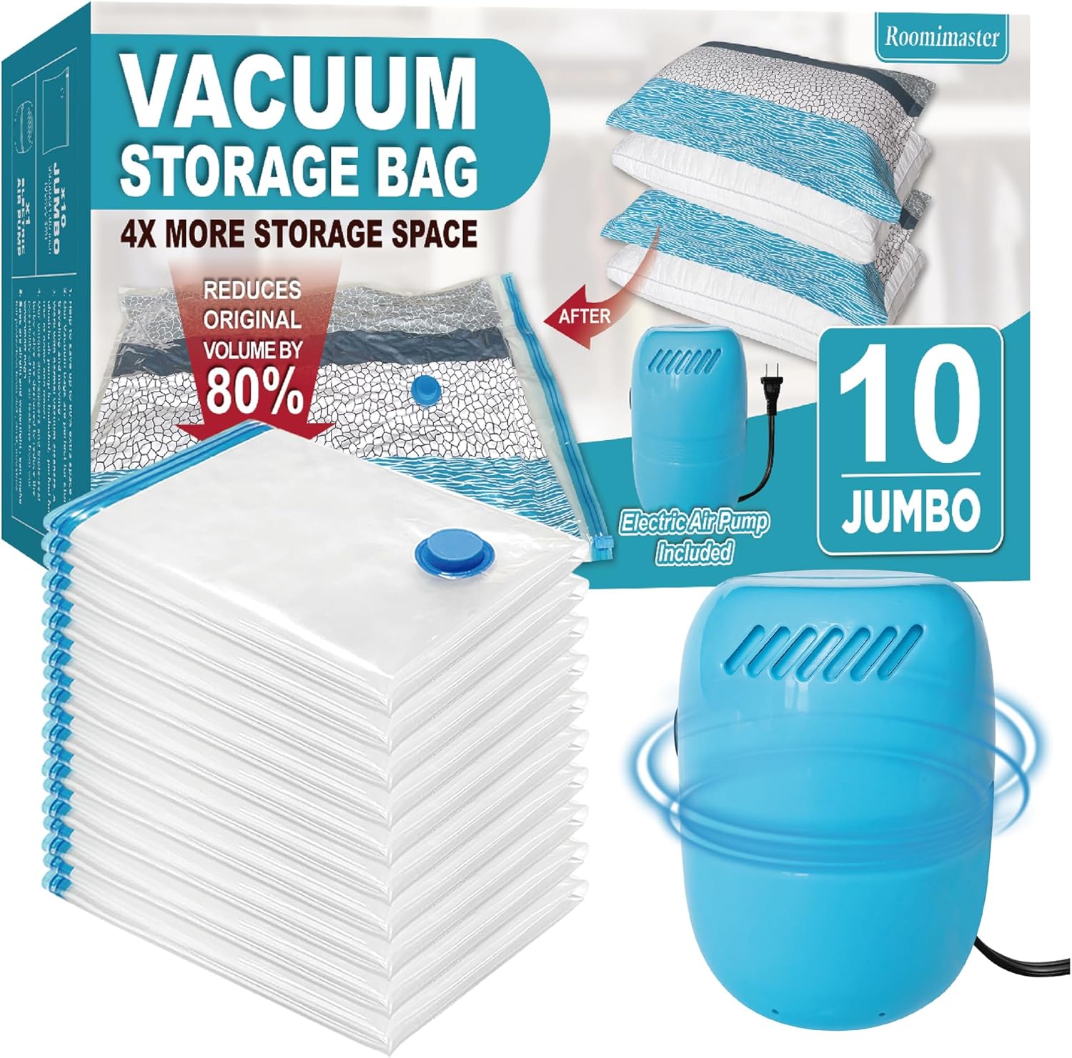 Bolsas de almacenamiento al vacío con bomba eléctrica, 10 bolsas de sellado al vacío con bomba, bolsas de sellado al vacío para ropa, edredones,