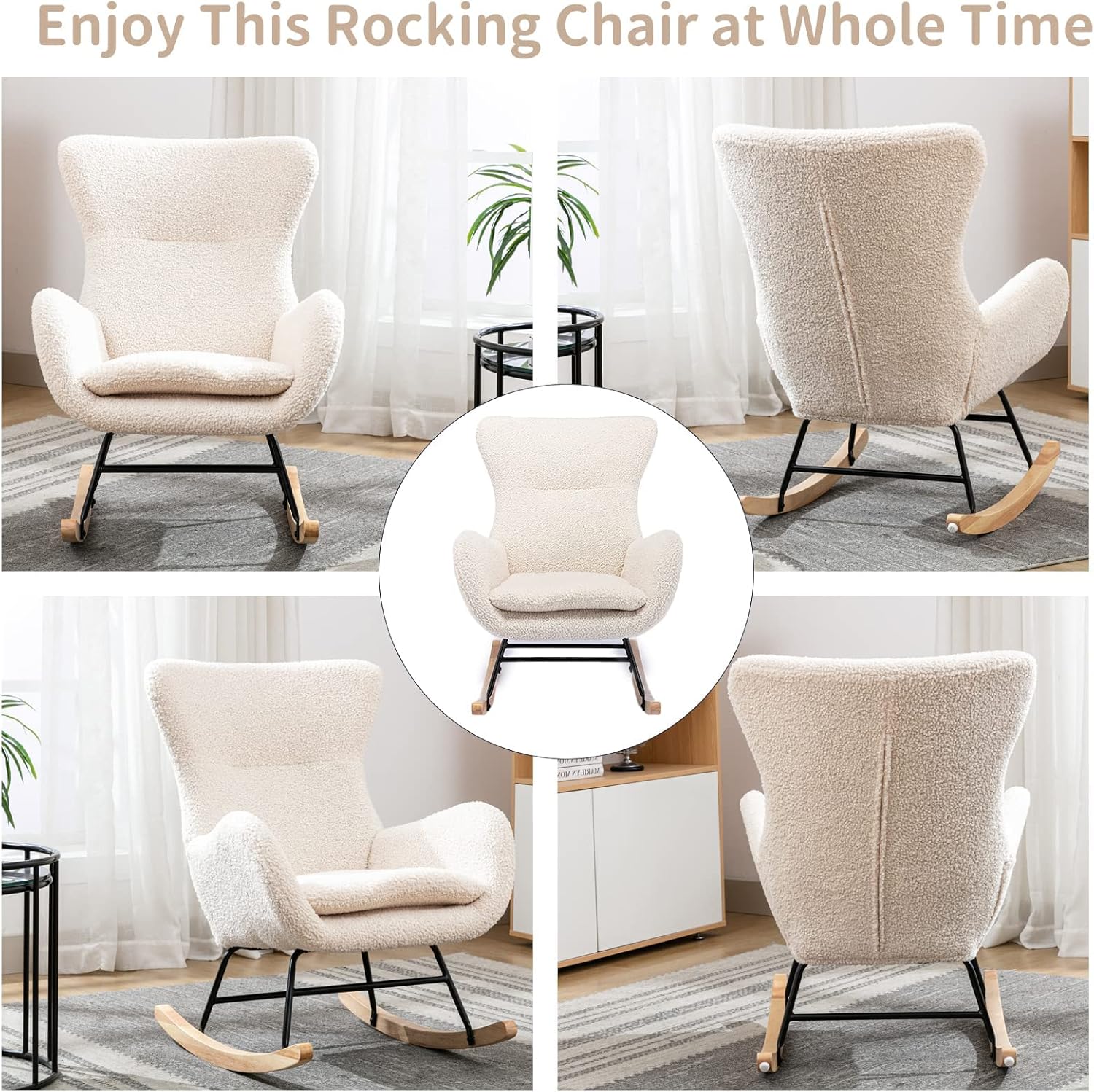 Silla mecedora de tela de peluche, asiento acolchado con respaldo alto y reposabrazos, sillón acogedor, sofá individual, mecedora para sala de
