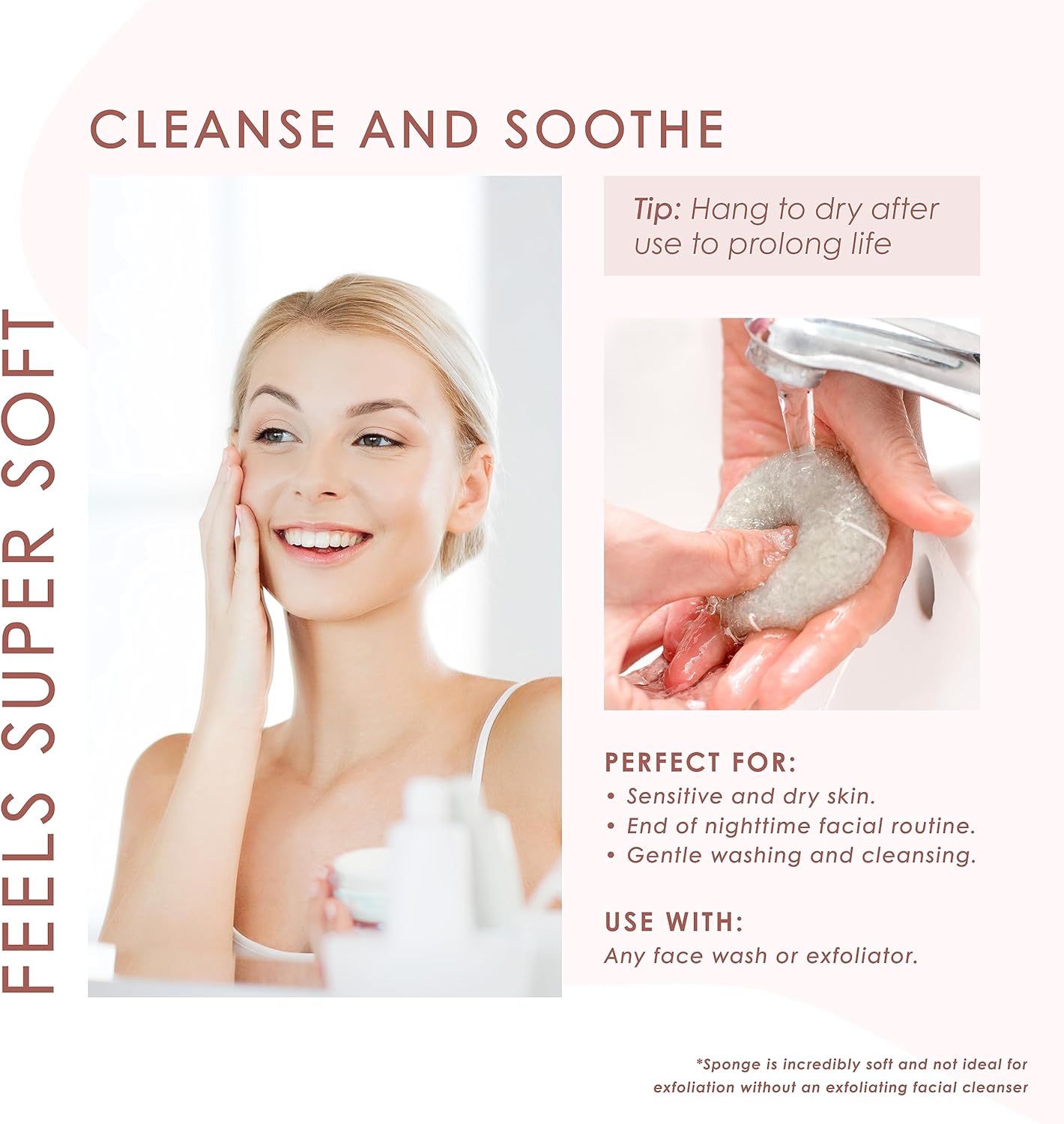 Konjac – Esponja facial (paquete de 4)  100% natural y libre de tintes  No tóxica  Biodegradable  Ecológica  Embalaje sin plástico