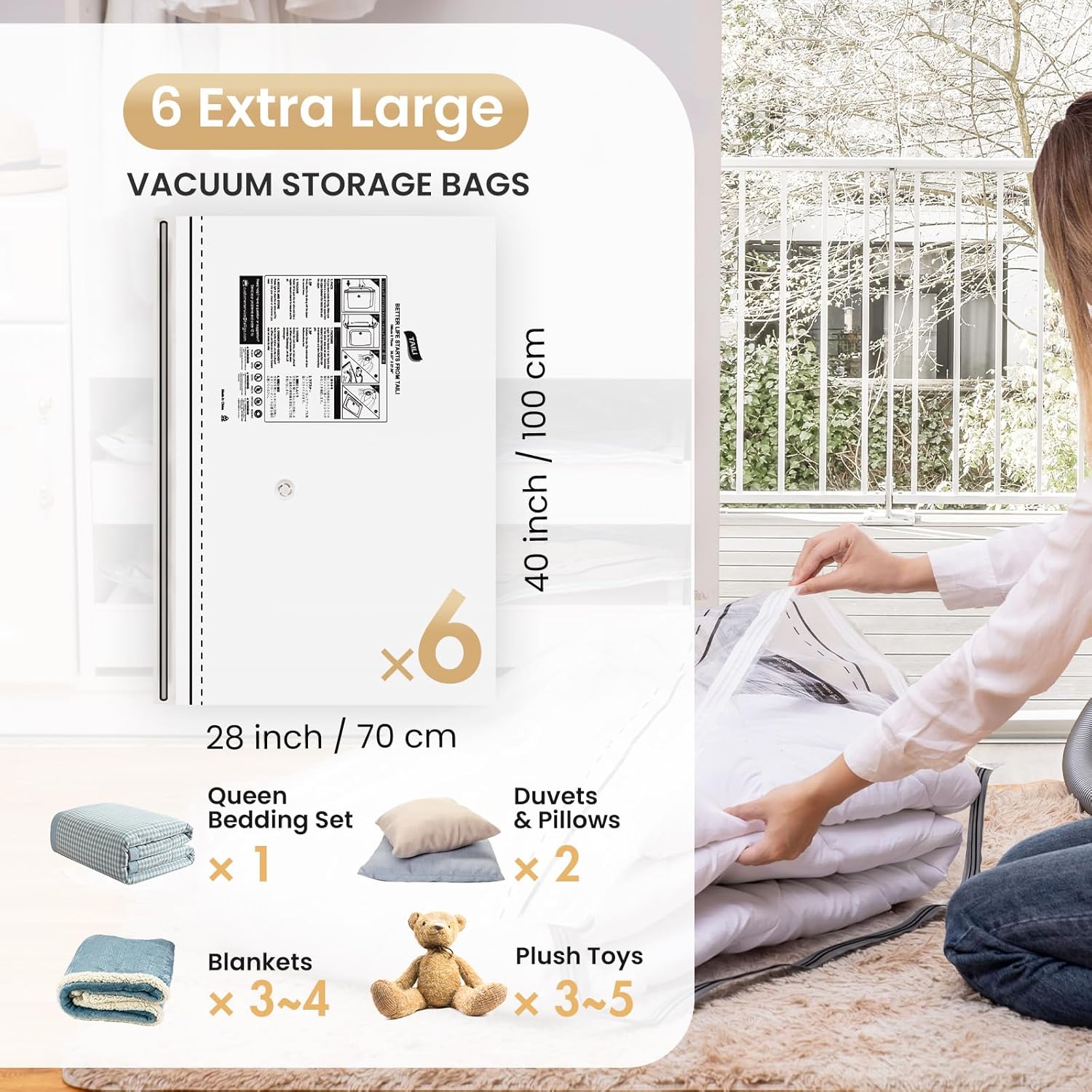 TAILI Cremallera lateral larga  6 bolsas de almacenamiento al vacío extra grandes para ropa de cama para toallas, mantas, almohadas o ropa, bolsas