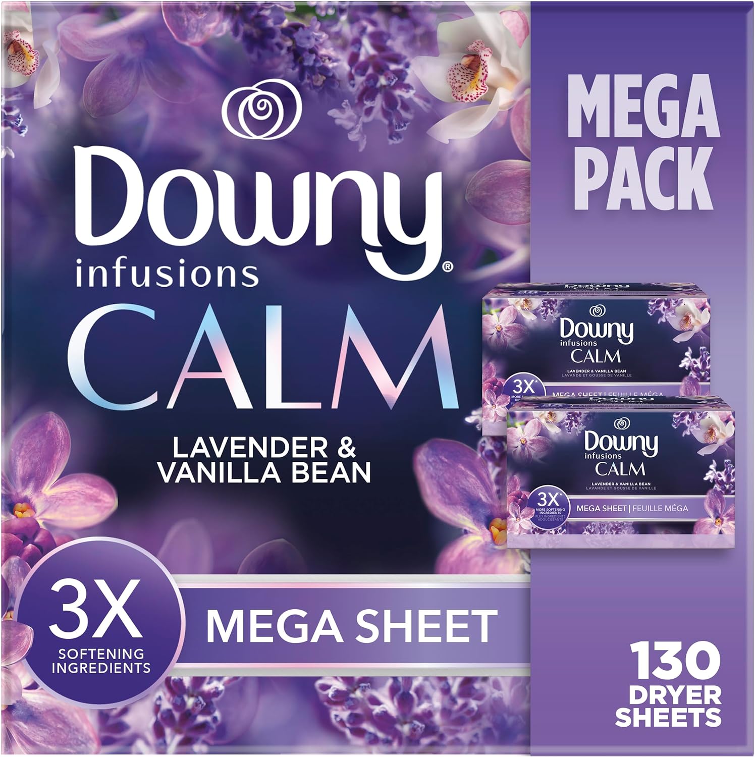 Downy Infusions – Toallitas mega para secadora, suavizante de ropa, fragancia de lavanda y vainilla (Calm), 130 unidades
