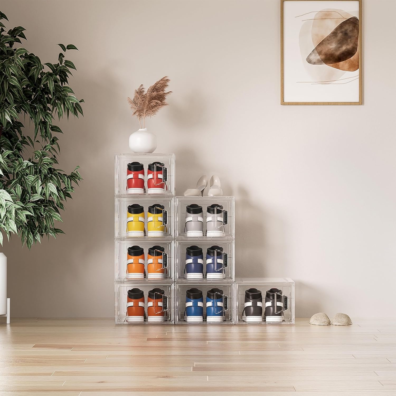 Caja de almacenamiento de zapatos, 8 paquetes de cajas de zapatos de plástico transparente apilables, organizador de zapatos con puerta magnética,