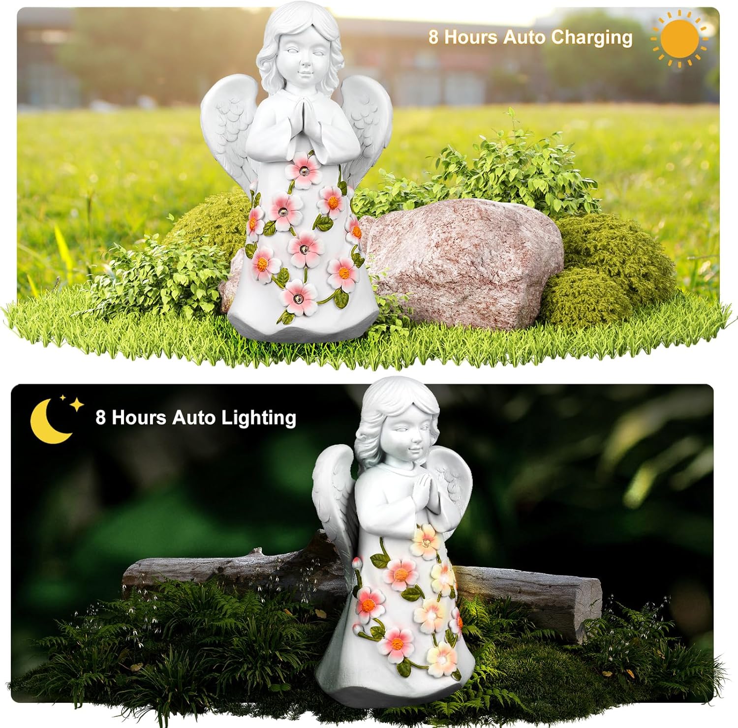 CrazyQueen Estatuas de ángulo para exteriores, decoración solar de jardín con luz, luz de ángel de la guarda, piedras conmemorativas para patio,